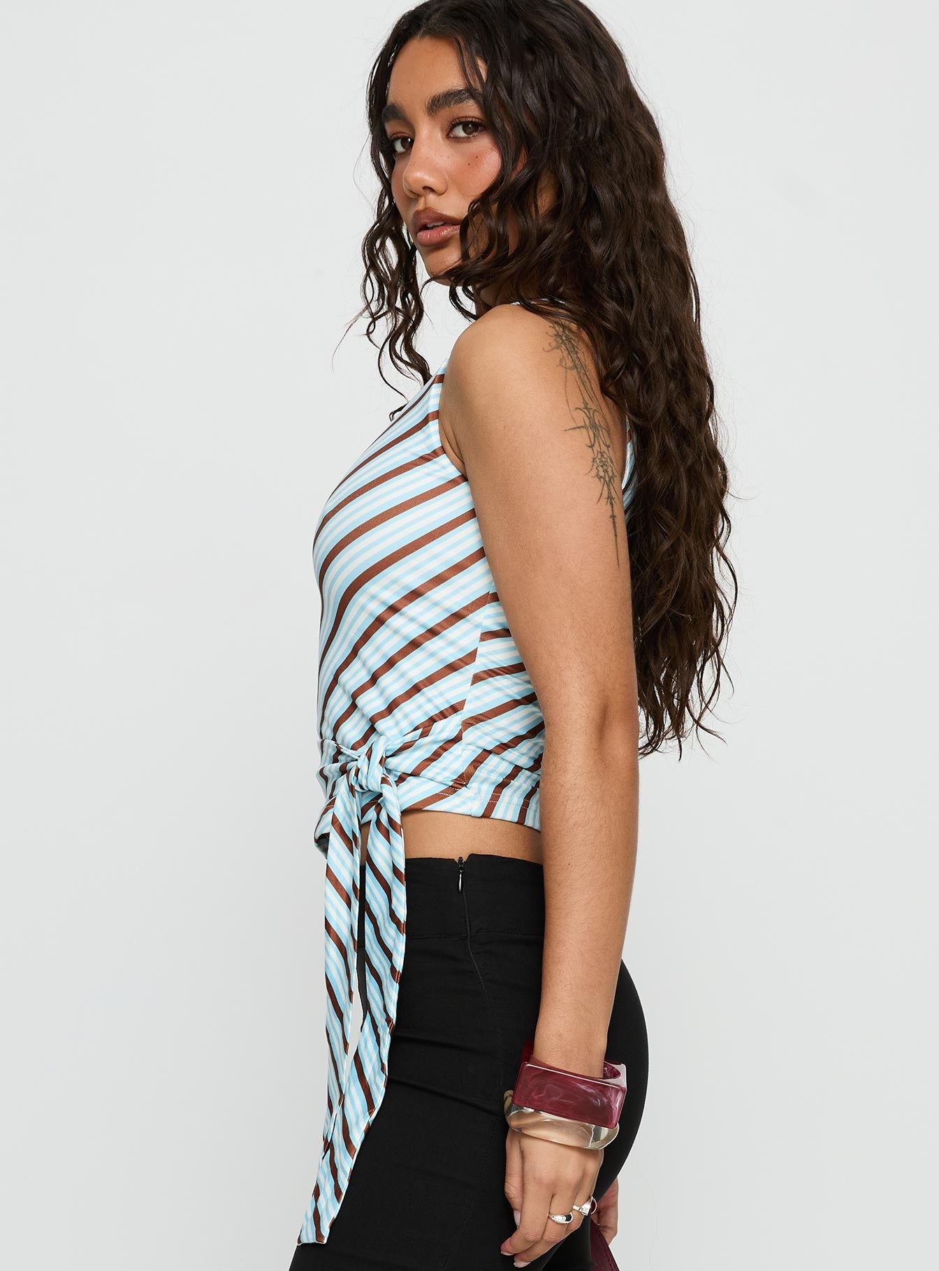 Ranae One Shoulder Tie Detail Top Blue Stripe - Image 4