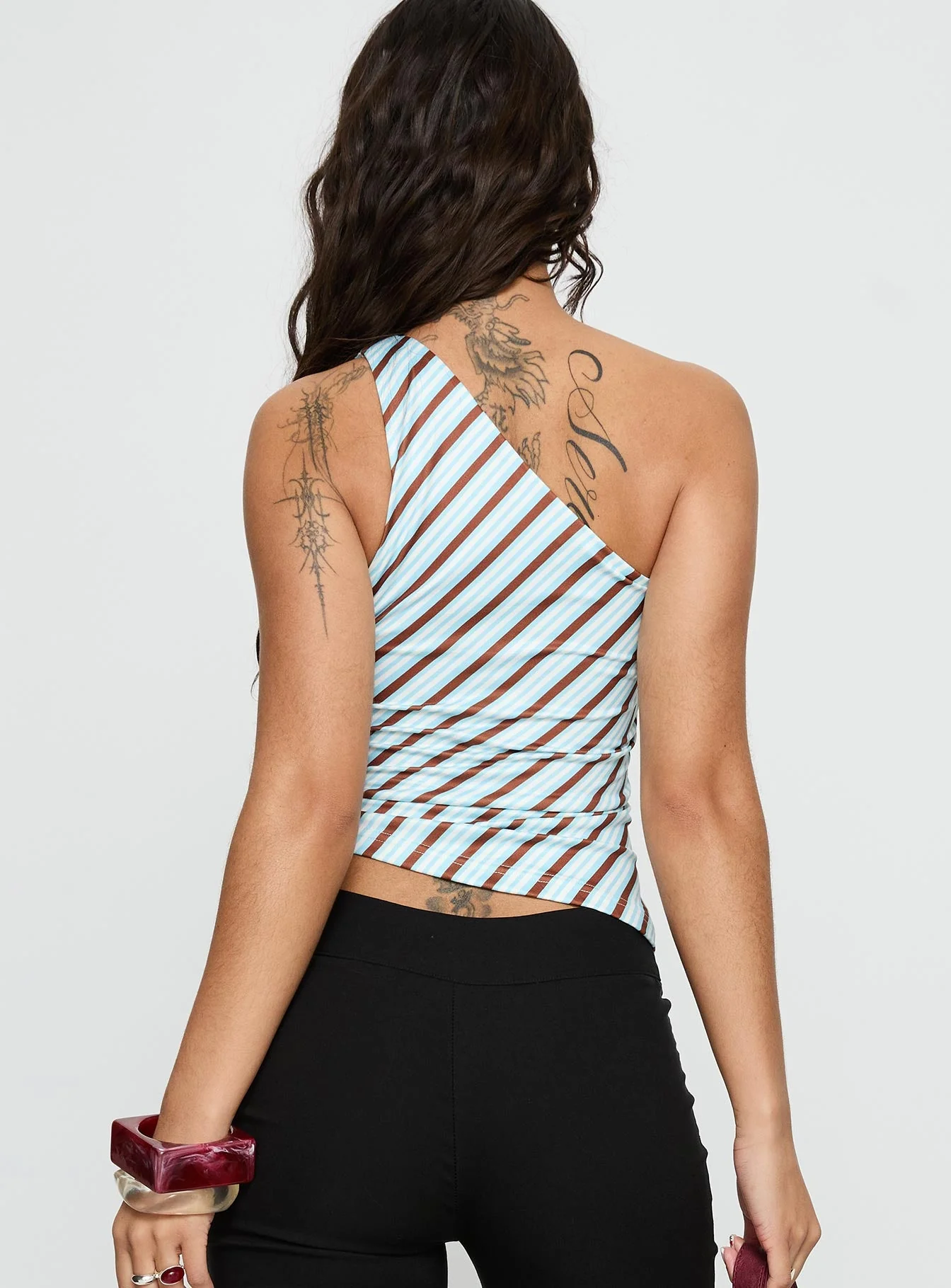 Ranae One Shoulder Tie Detail Top Blue Stripe - Image 5