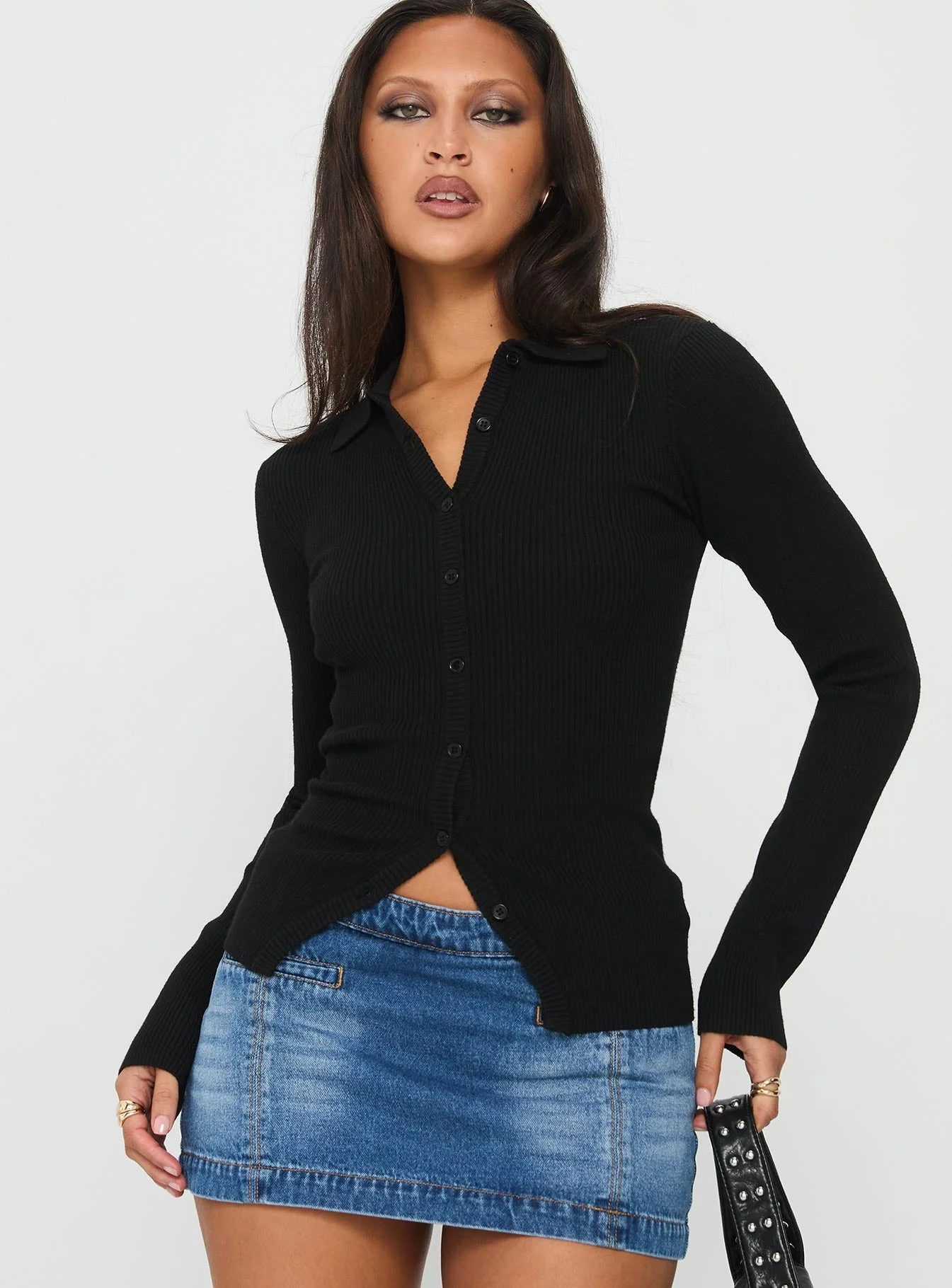 Rarity Collared Long Sleeve Top Black