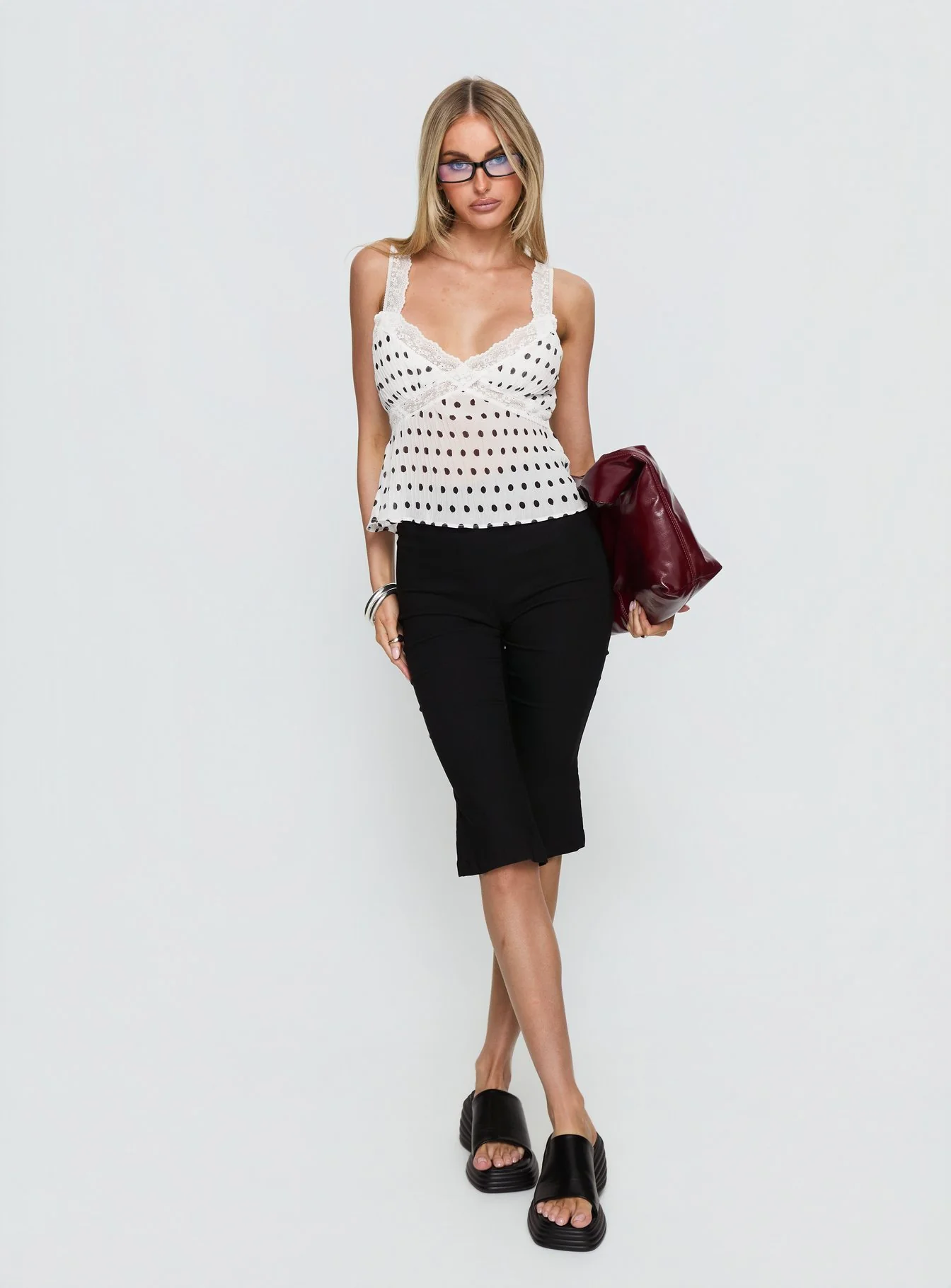 Raydon Lace Trim Cami Top White / Black Polka - Image 3