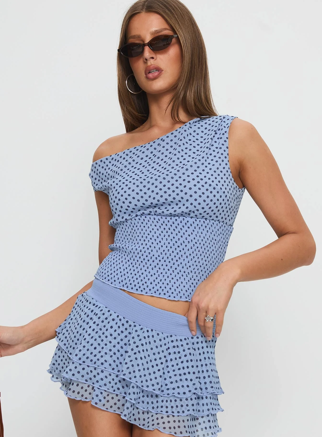 Ready To Party Off Shoulder Top Blue Polka - Image 2