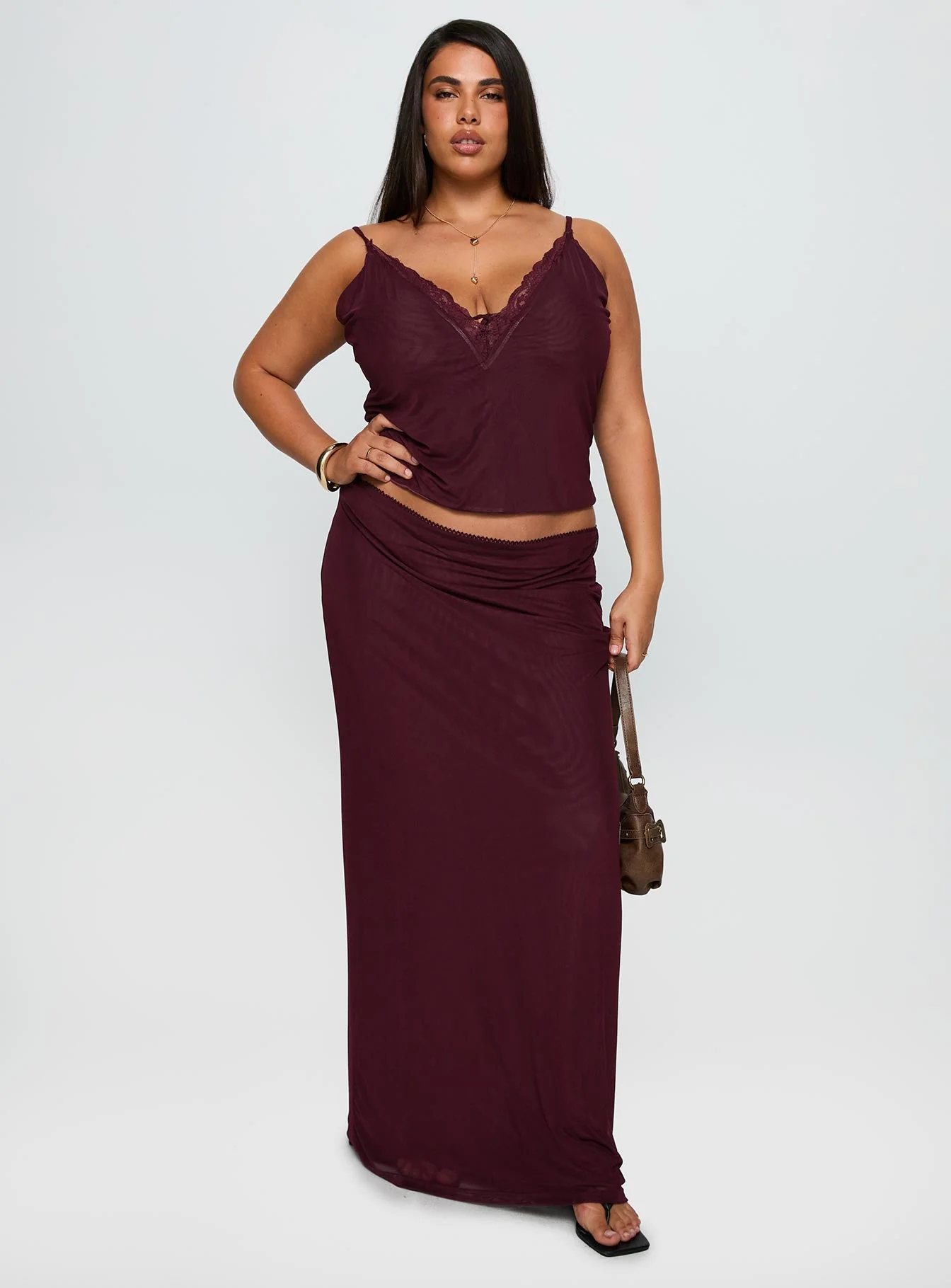 Reiko Lace Trim Tie Front Maxi Set Burgundy Curve - Image 2