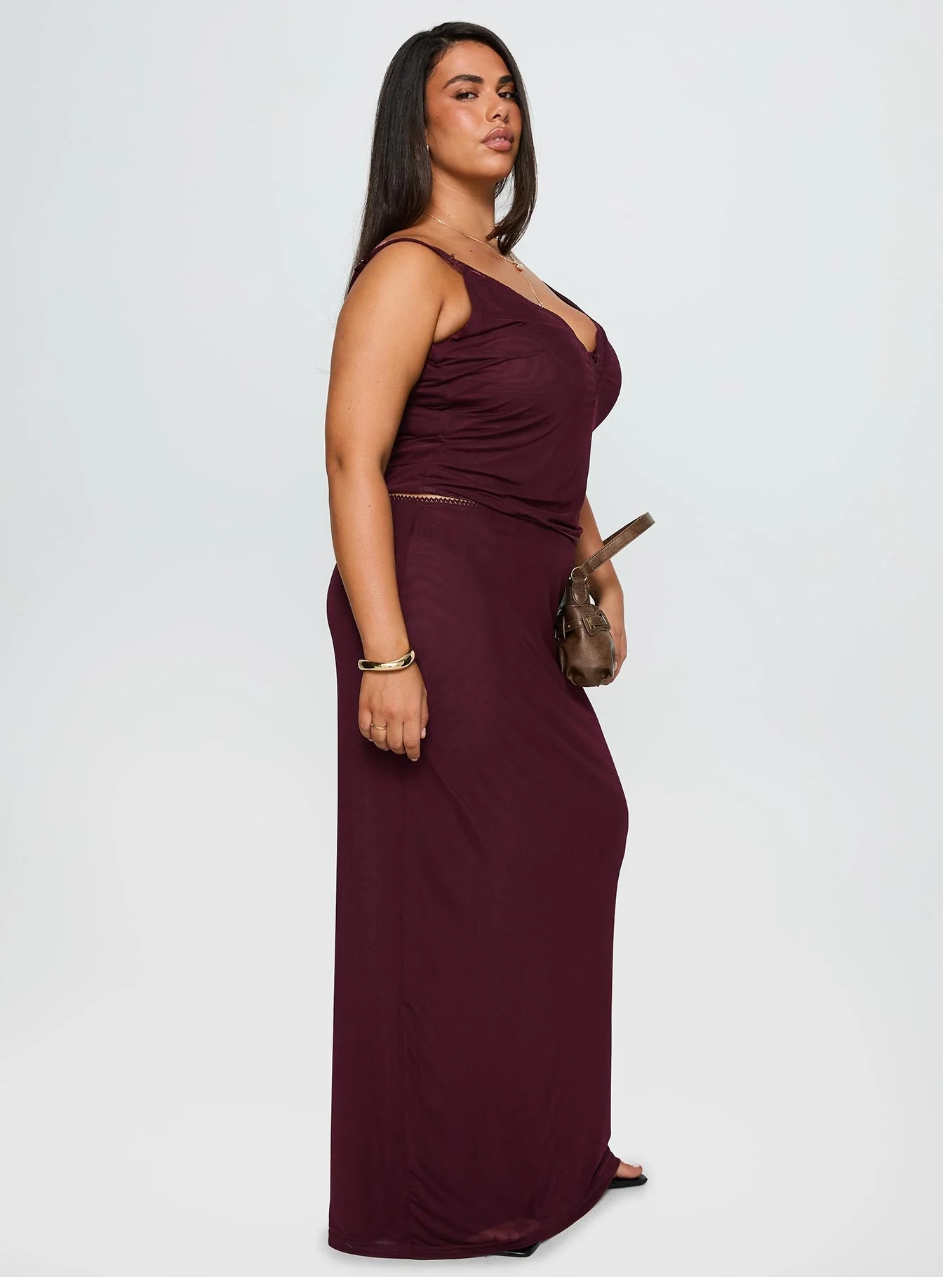 Reiko Lace Trim Tie Front Maxi Set Burgundy Curve - Image 4