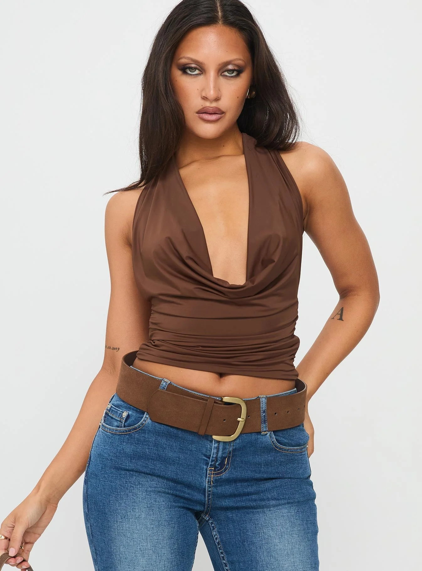 Remarkable Plunged Cowl Neck Top Brown - Image 2
