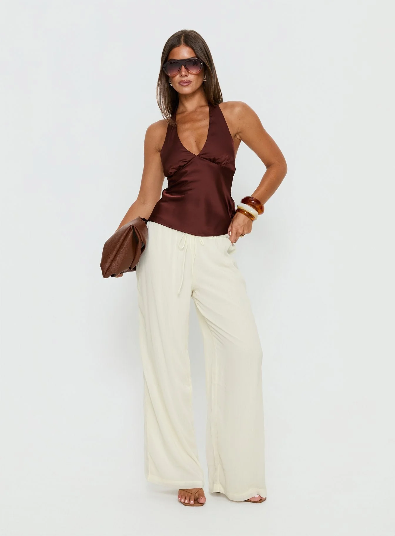 Remarkable Satin Plunge Neck Top Chocolate - Image 2