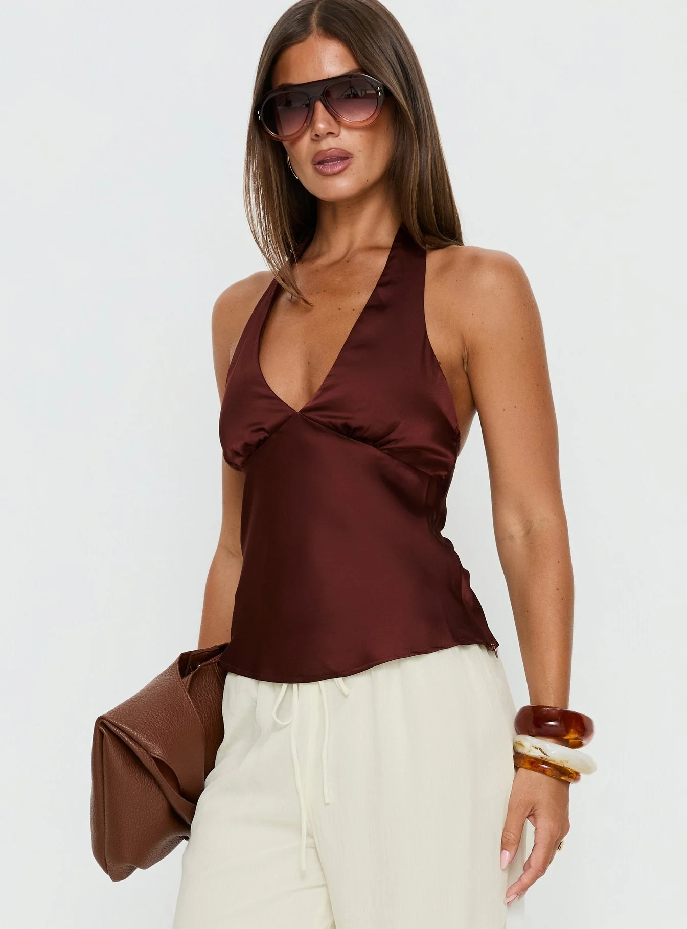 Remarkable Satin Plunge Neck Top Chocolate - Image 3