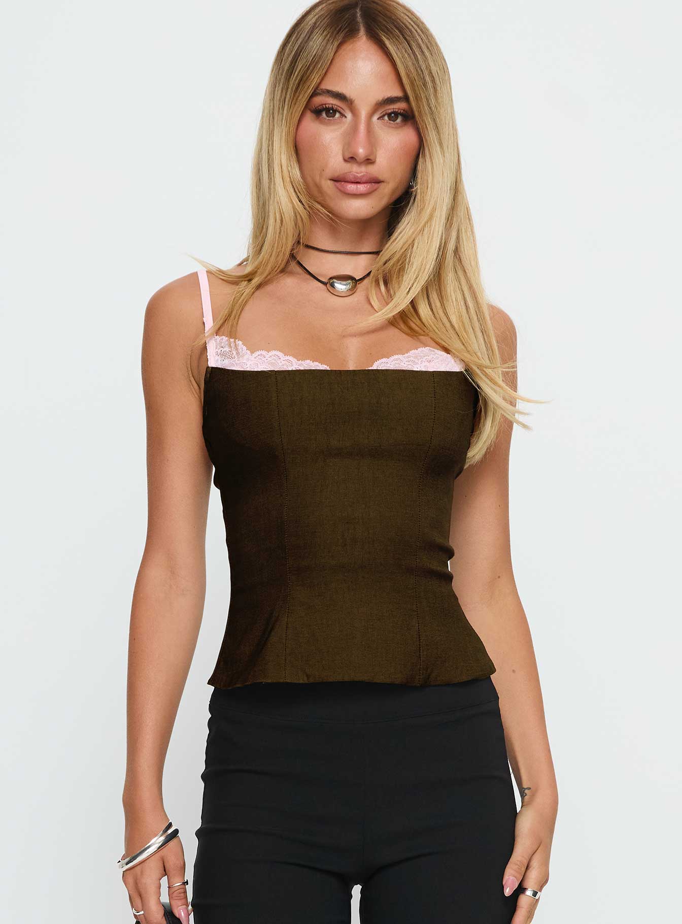 Renaissance Corset Lace Top Olive / Pink - Image 2