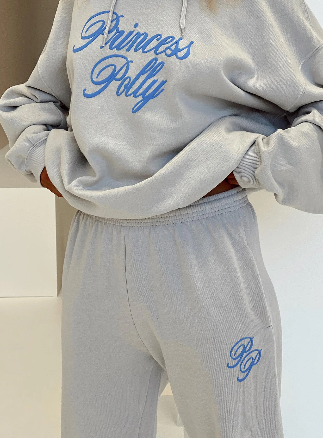 Princess Polly Track Pants Cursive Text Grey / Blue - Image 7