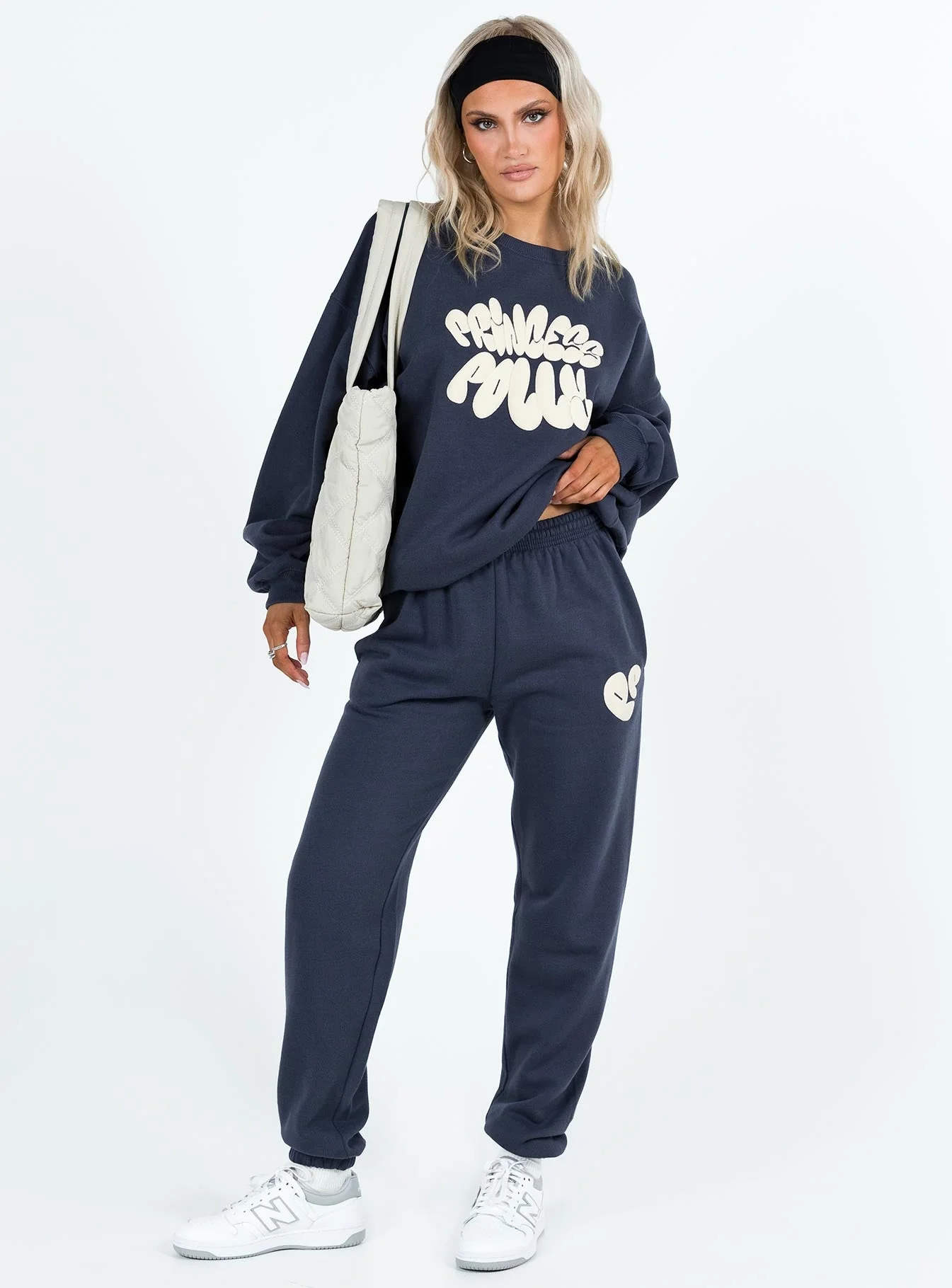 Princess Polly Track Pants Bubble Text Slate / Eggshell - Image 3