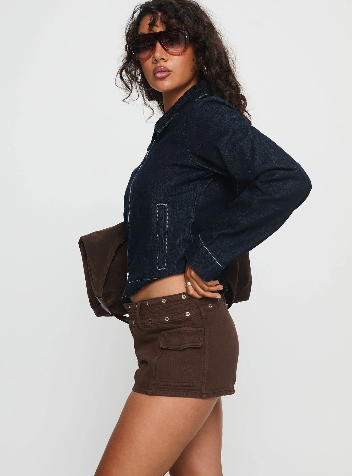 Reno Eyelet Micro Shorts Brown Wash - Image 3