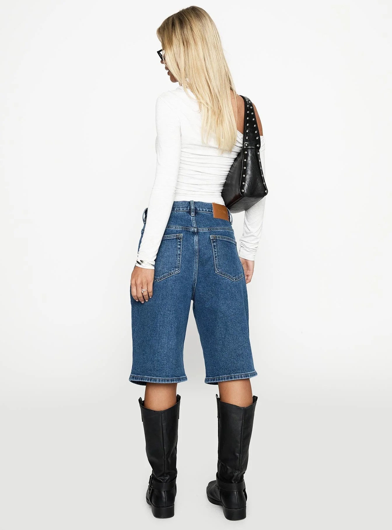 Retro Dream Mid Rise Longline Denim Shorts Mid Wash - Image 5