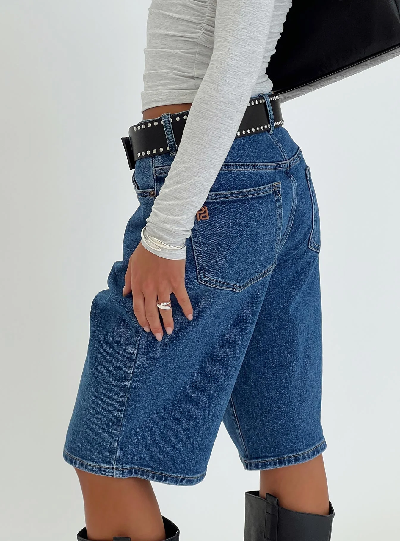 Retro Dream Mid Rise Longline Denim Shorts Mid Wash - Image 9