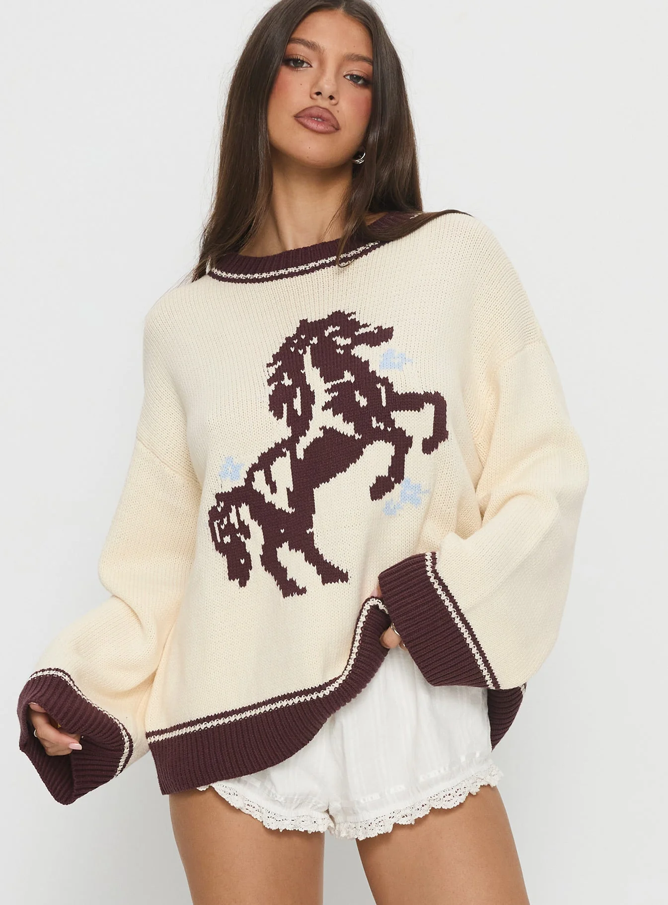 Rhianonn Horse Graphic Knit Sweater Cream / Brown - Image 2