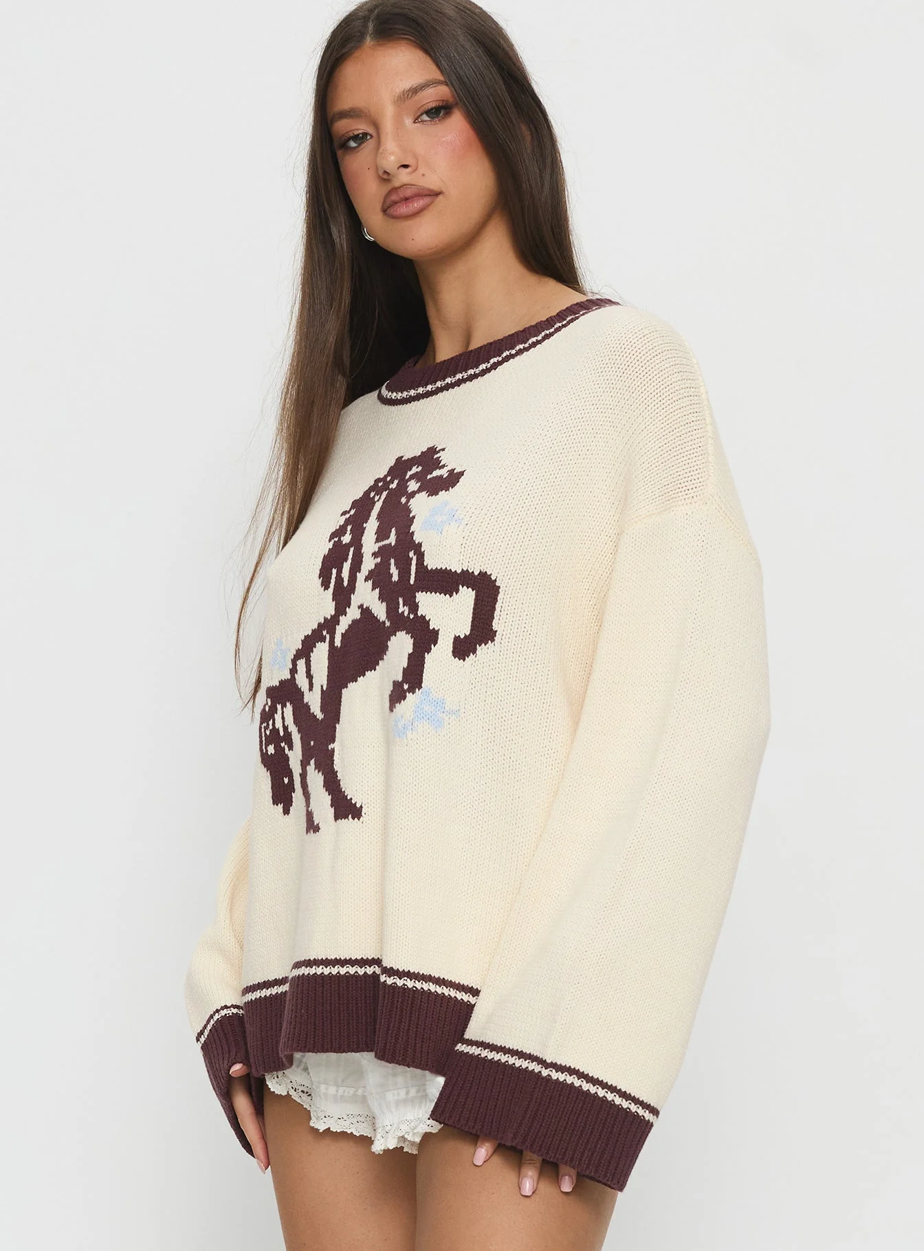 Rhianonn Horse Graphic Knit Sweater Cream / Brown - Image 4