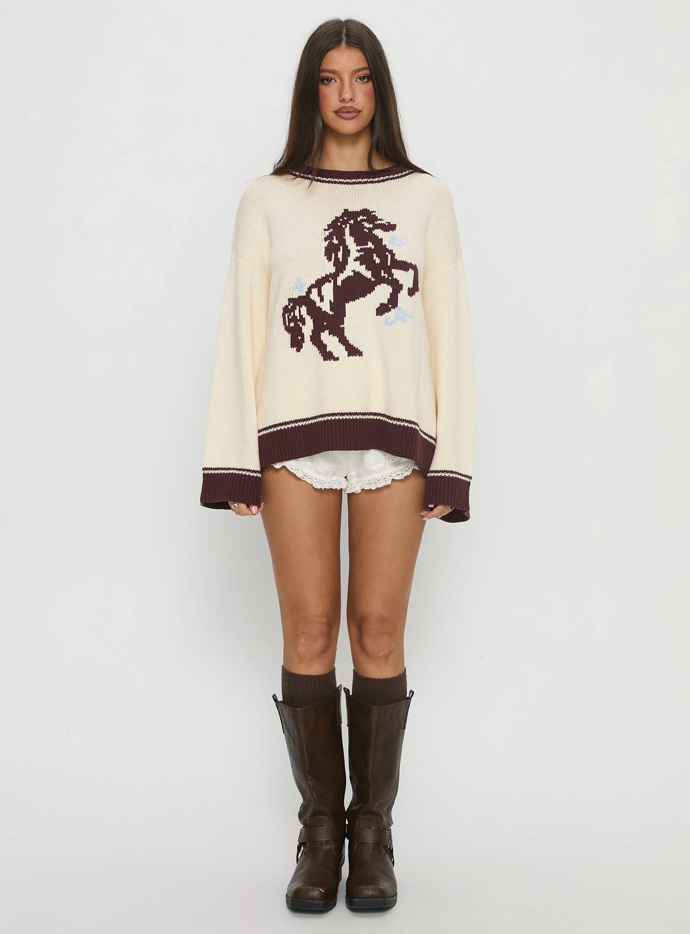 Rhianonn Horse Graphic Knit Sweater Cream / Brown - Image 7