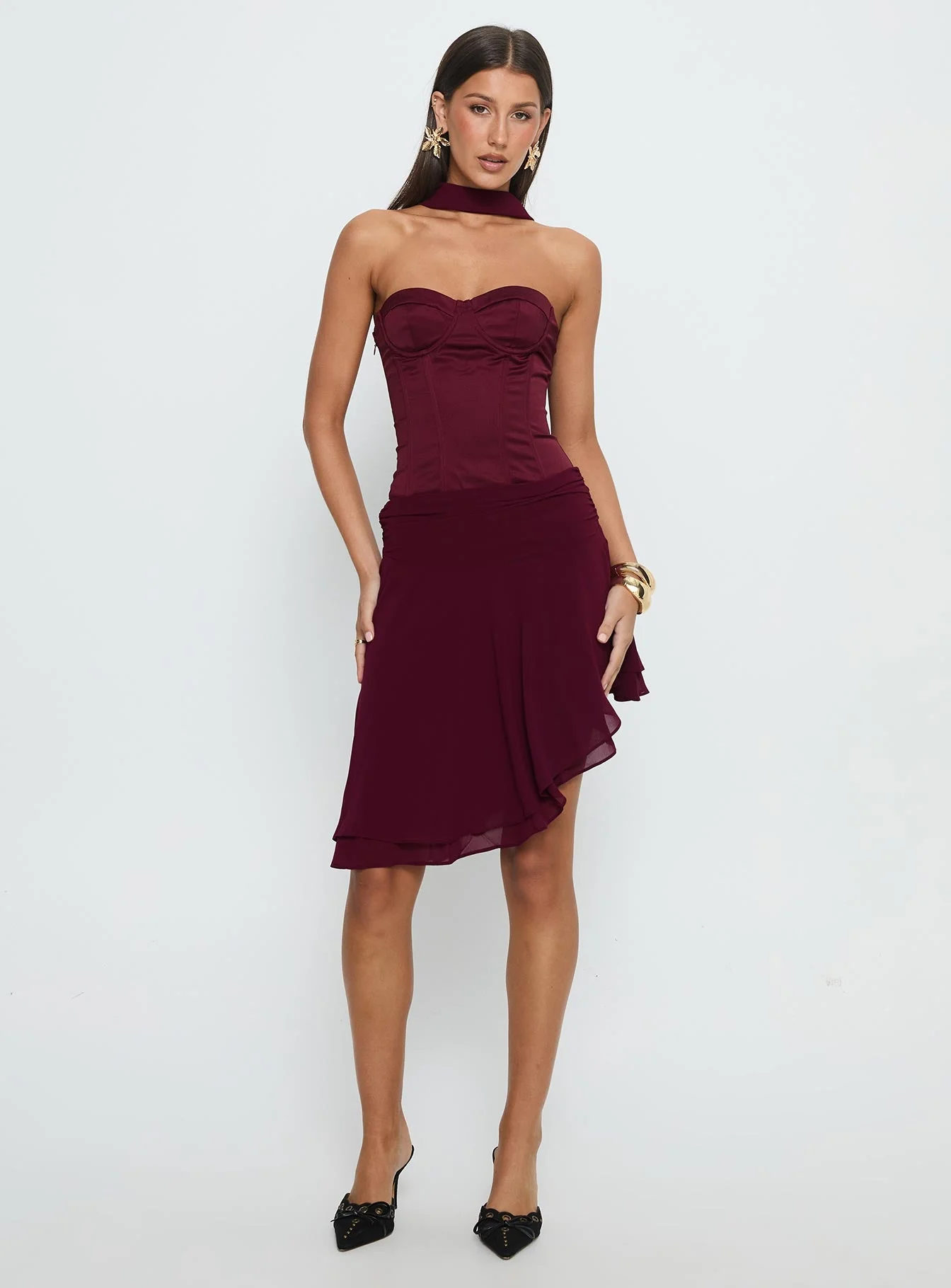 Rhythms Scarf Detail Midi Dress Wine - Image 2