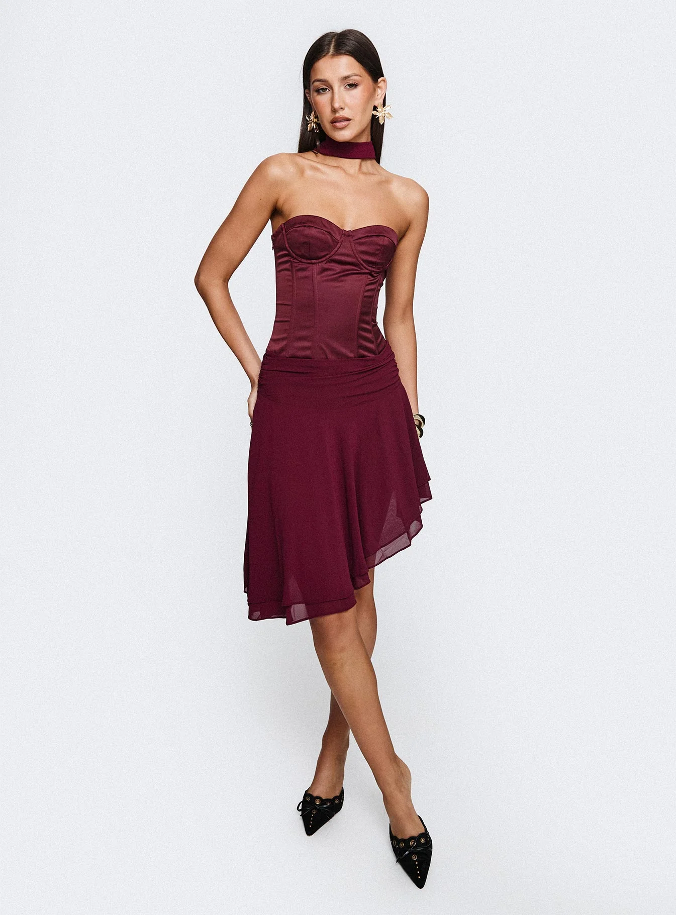 Rhythms Scarf Detail Midi Dress Wine - Image 8