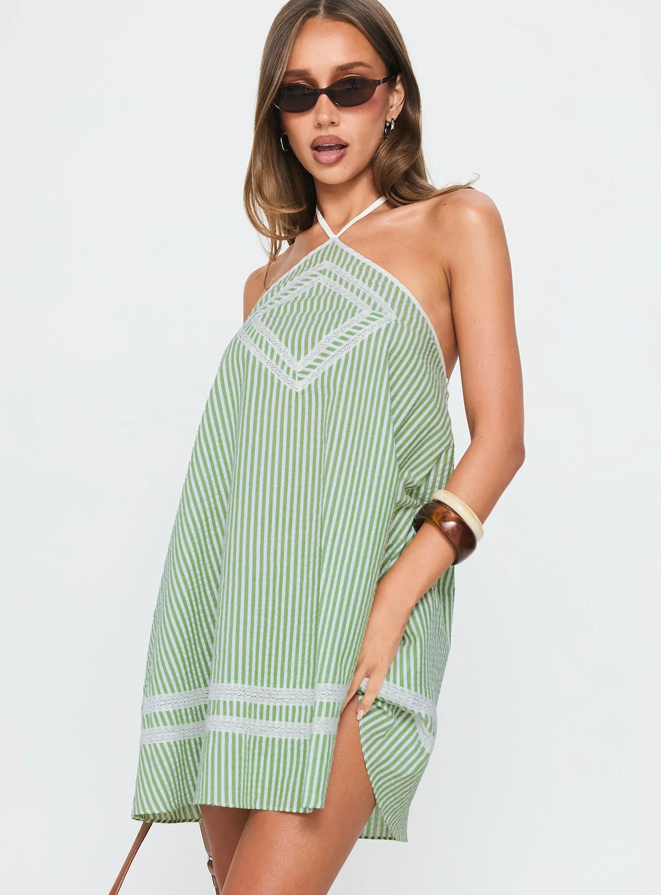 River Rose Anglais Swing Mini Dress Green Stripe - Image 2