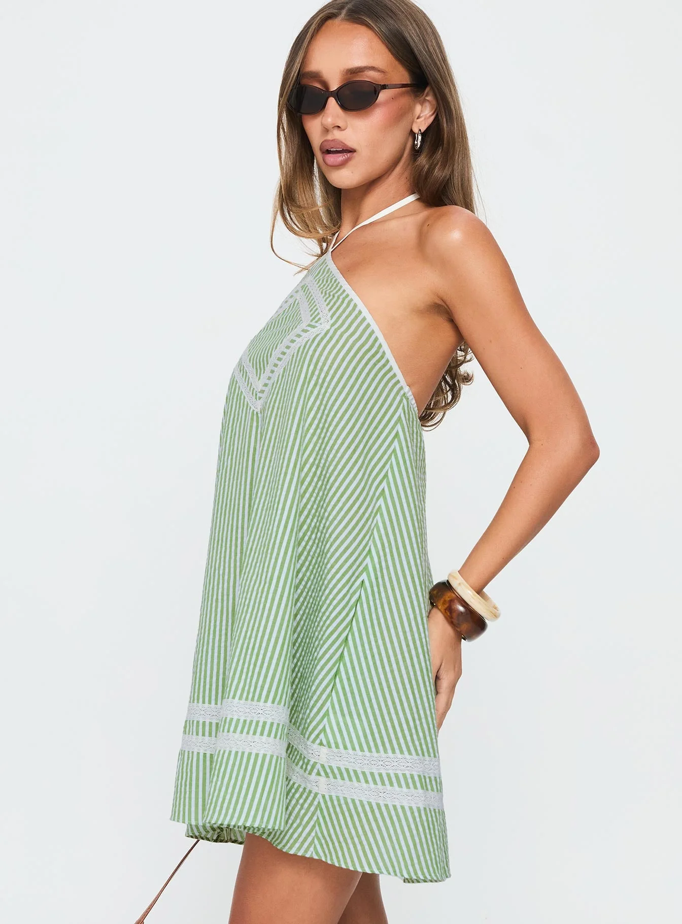 River Rose Anglais Swing Mini Dress Green Stripe - Image 4