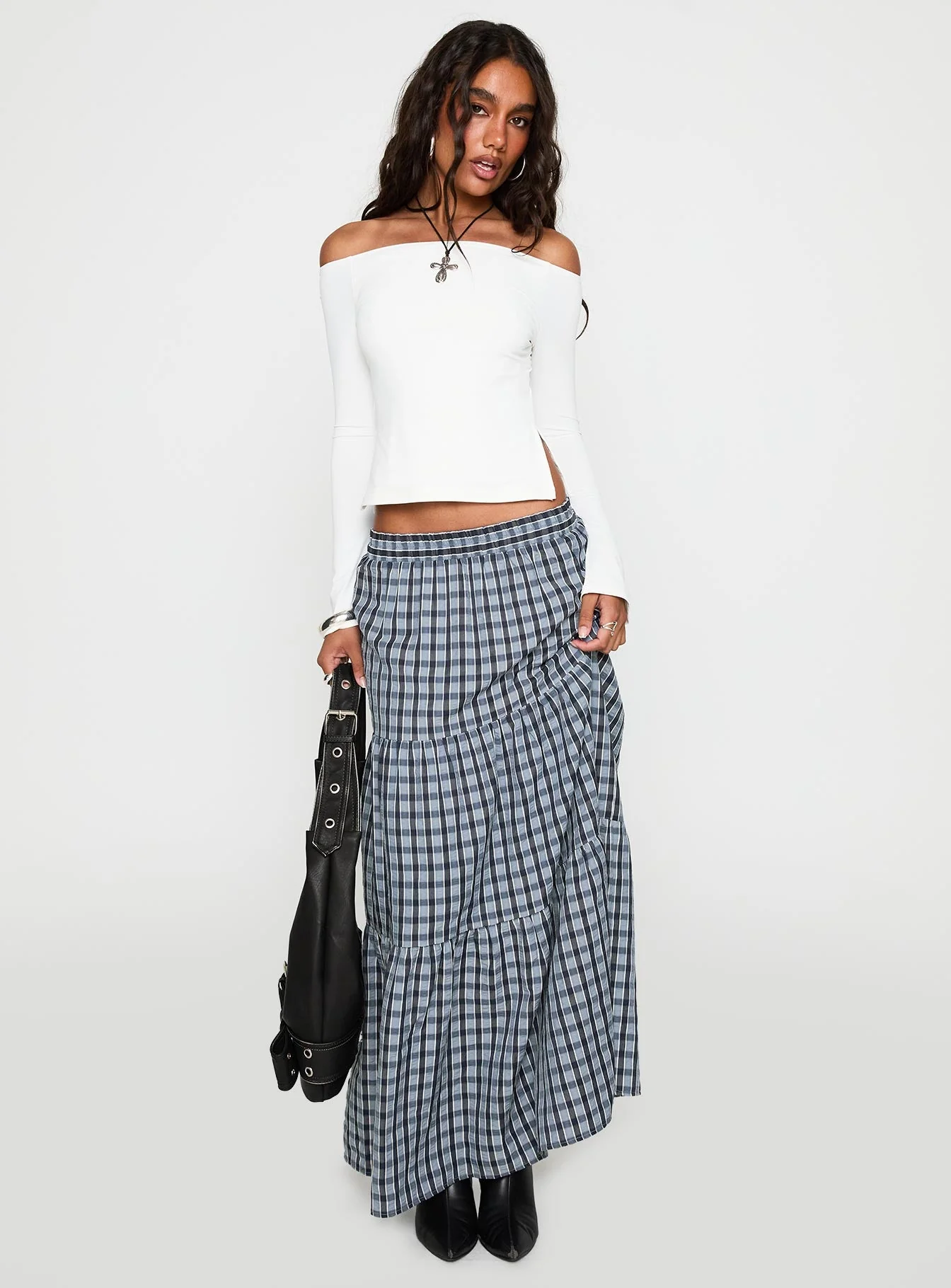 Rockwell Tiered Midi Skirt Navy Check - Image 3