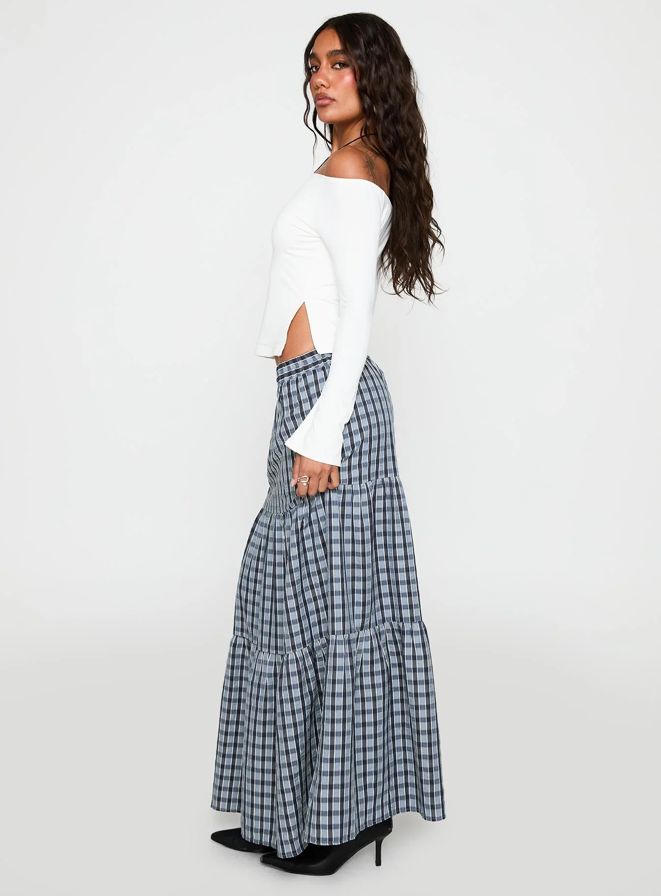 Rockwell Tiered Midi Skirt Navy Check - Image 4