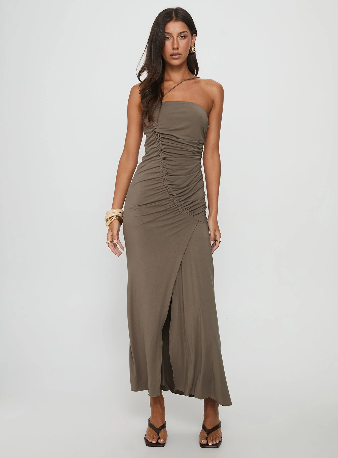 Romanie One Shoulder Ruched Maxi Dress Taupe - Image 2