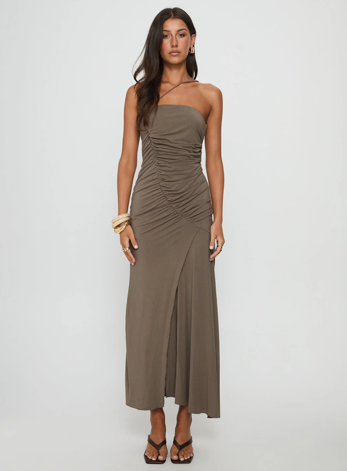 Romanie One Shoulder Ruched Maxi Dress Taupe - Image 6