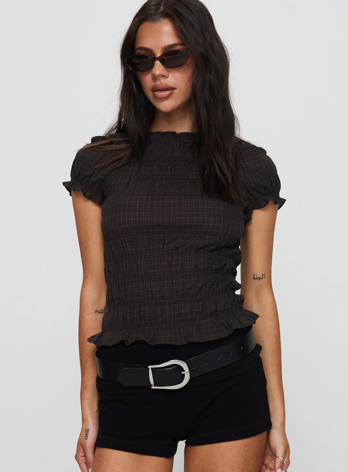 Romelle Shirred Top Black / Brown Plaid Petite - Image 9