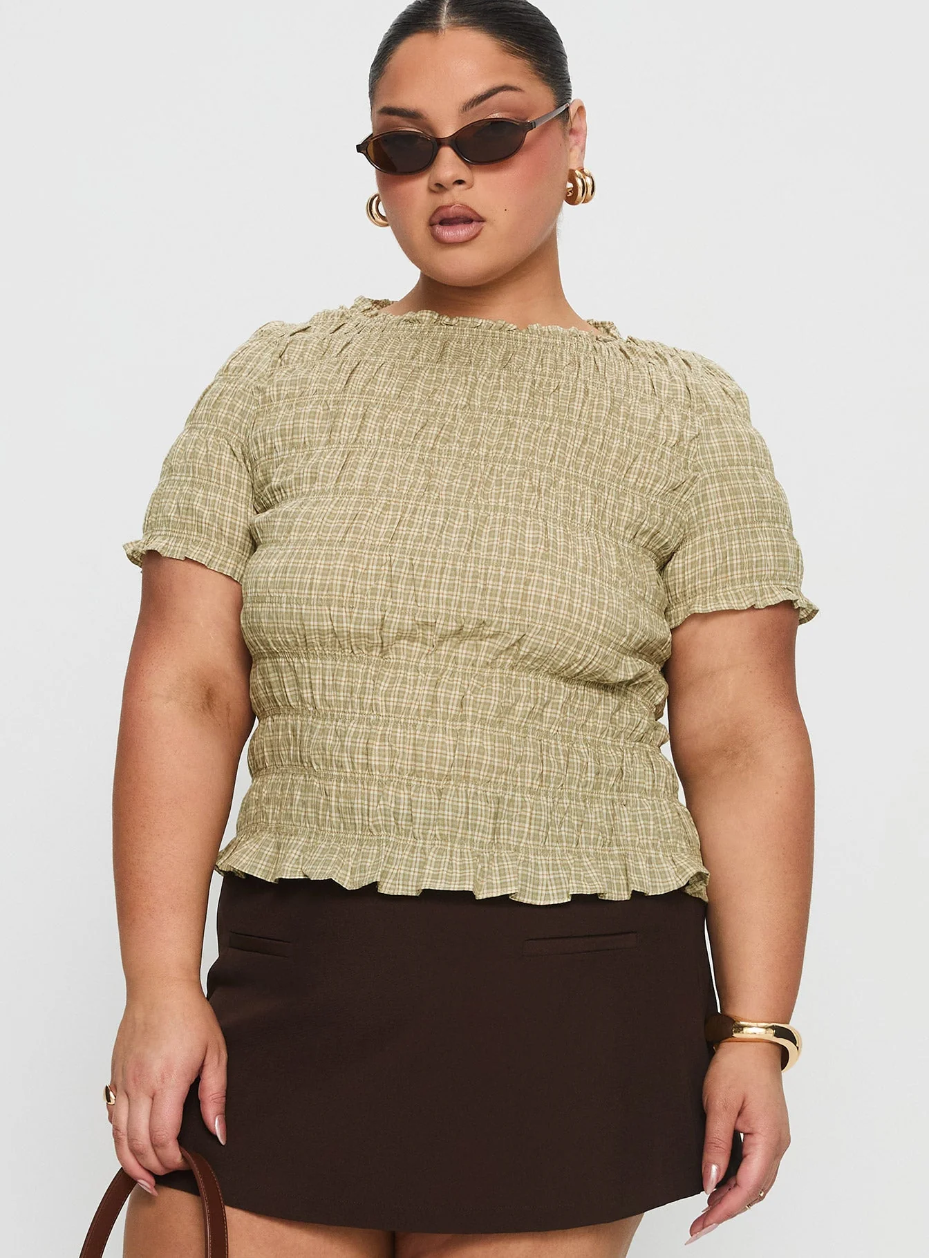 Romelle Shirred Top Green / Brown Plaid Curve - Image 2