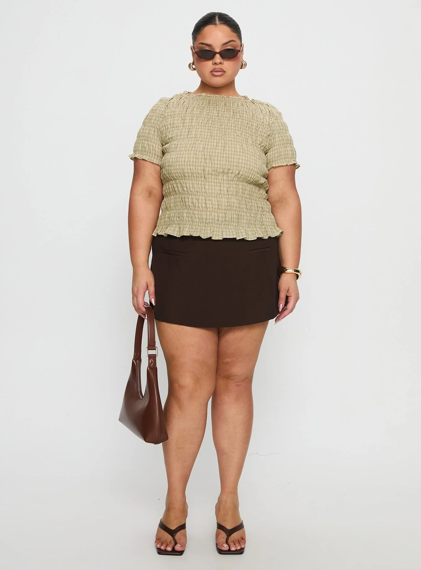 Romelle Shirred Top Green / Brown Plaid Curve - Image 3