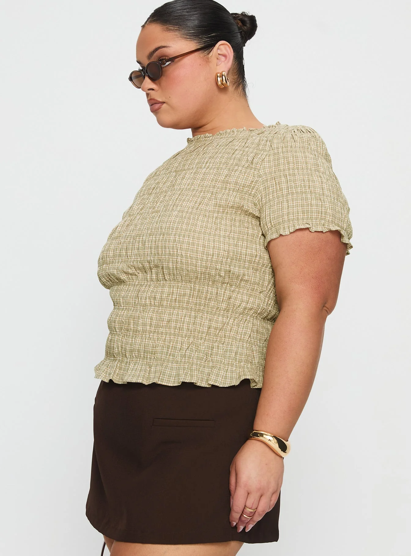 Romelle Shirred Top Green / Brown Plaid Curve - Image 4