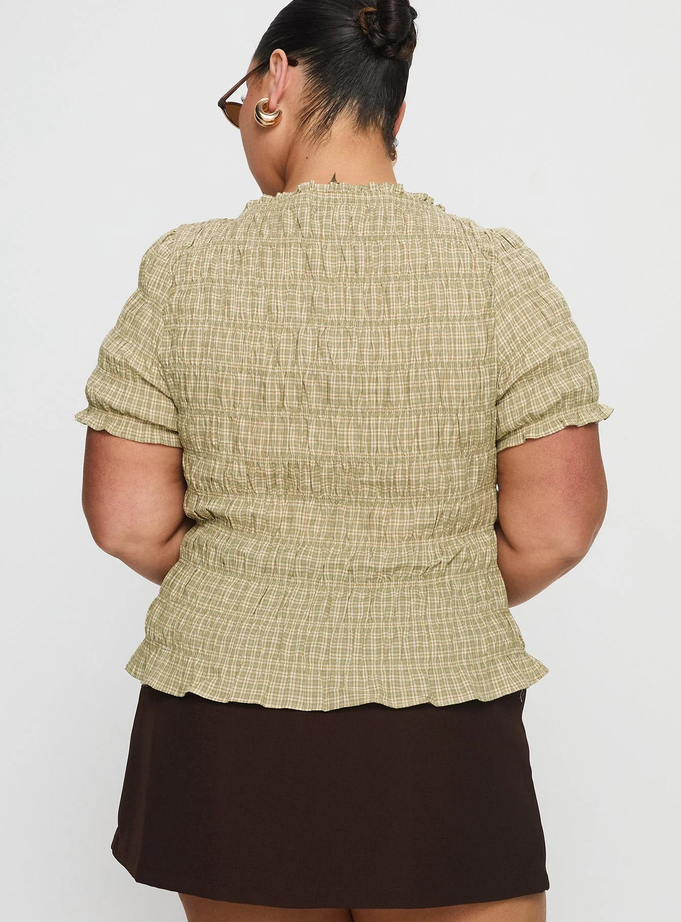 Romelle Shirred Top Green / Brown Plaid Curve - Image 5