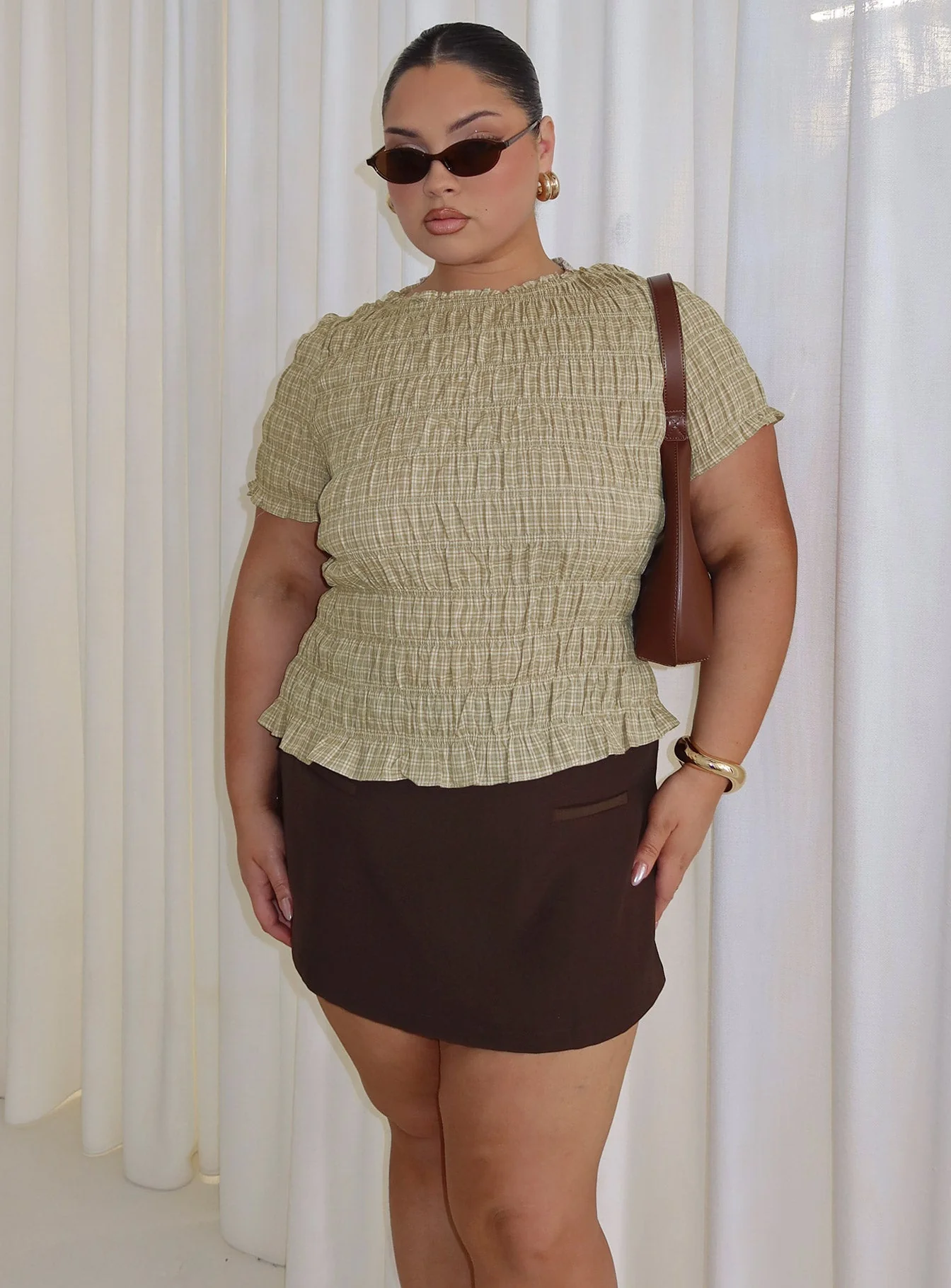 Romelle Shirred Top Green / Brown Plaid Curve - Image 8