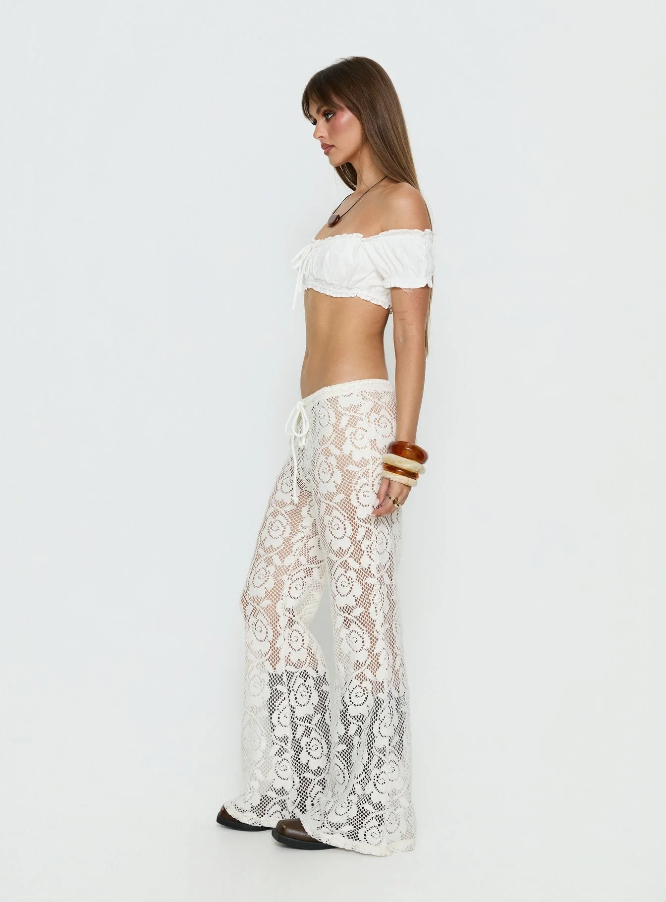 Rosadonna Lace Flare Pants Cream - Image 4