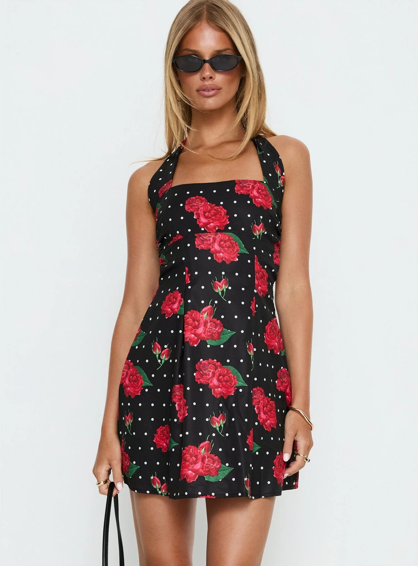 Rosamie Halter Mini Dress Black Polka Floral - Image 2