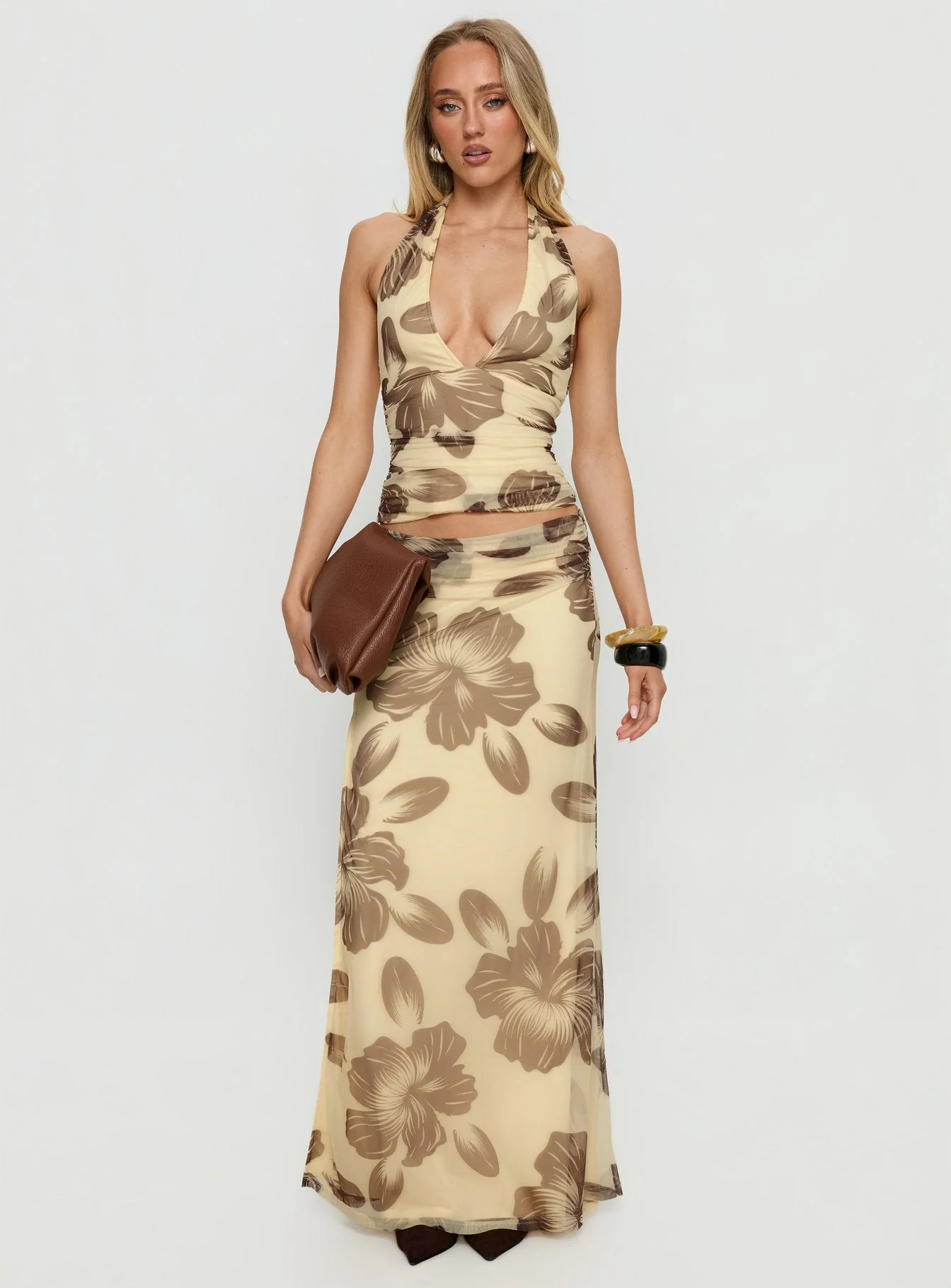 Roselin Mesh Maxi Skirt Brown Floral - Image 2