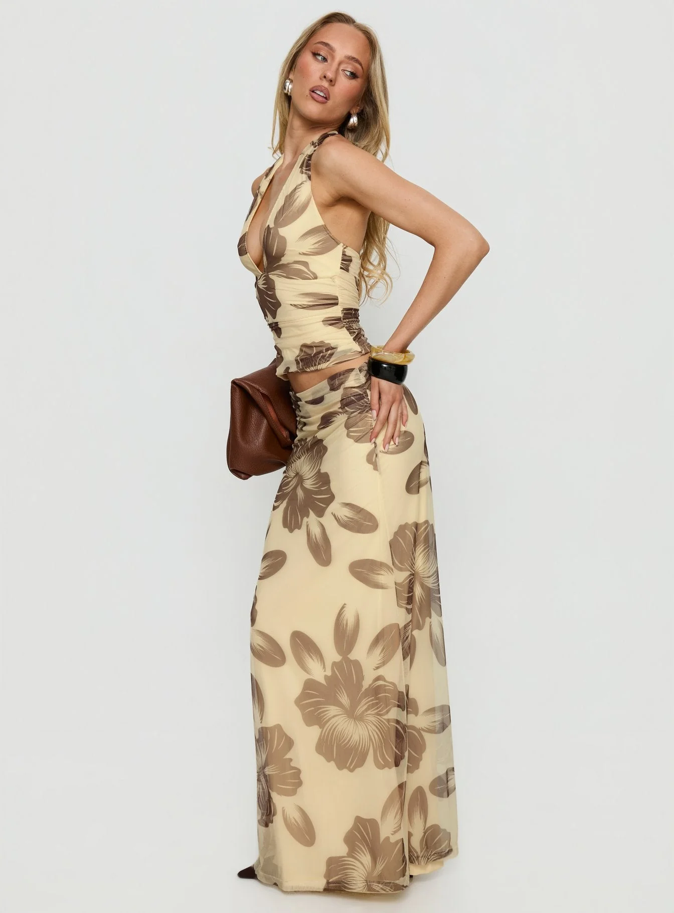 Roselin Mesh Maxi Skirt Brown Floral - Image 4