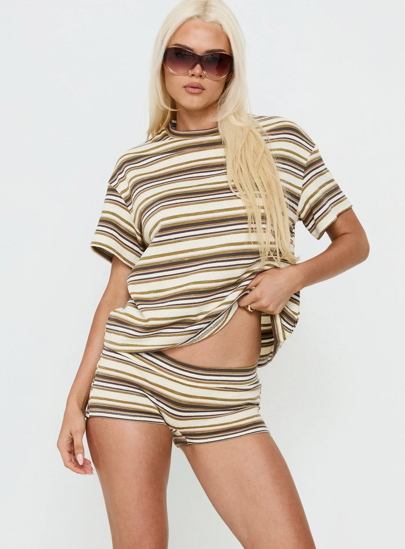 Rubez Terry Towelling Micro Shorts Brown Stripe - Image 2