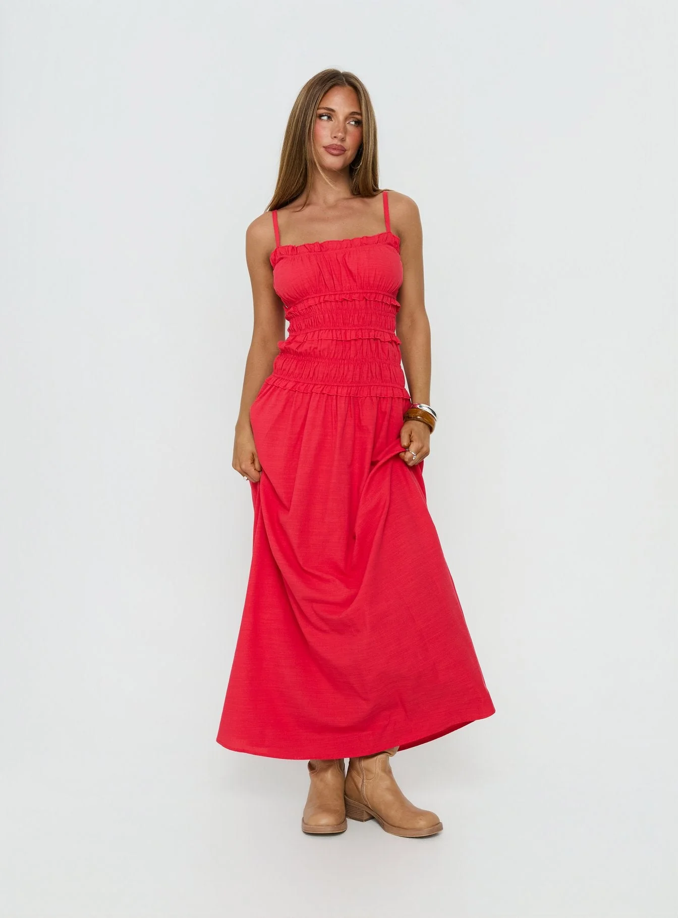 Rubiella Shirred Maxi Dress Red - Image 2