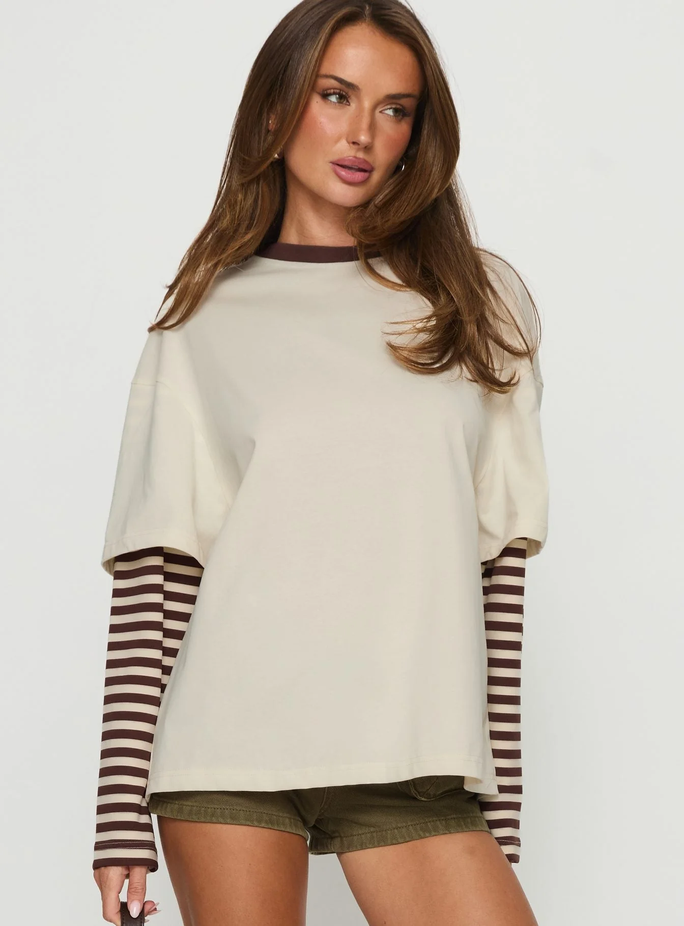 Ryann Long Sleeve Layered Top Cream / Brown Stripe - Image 2