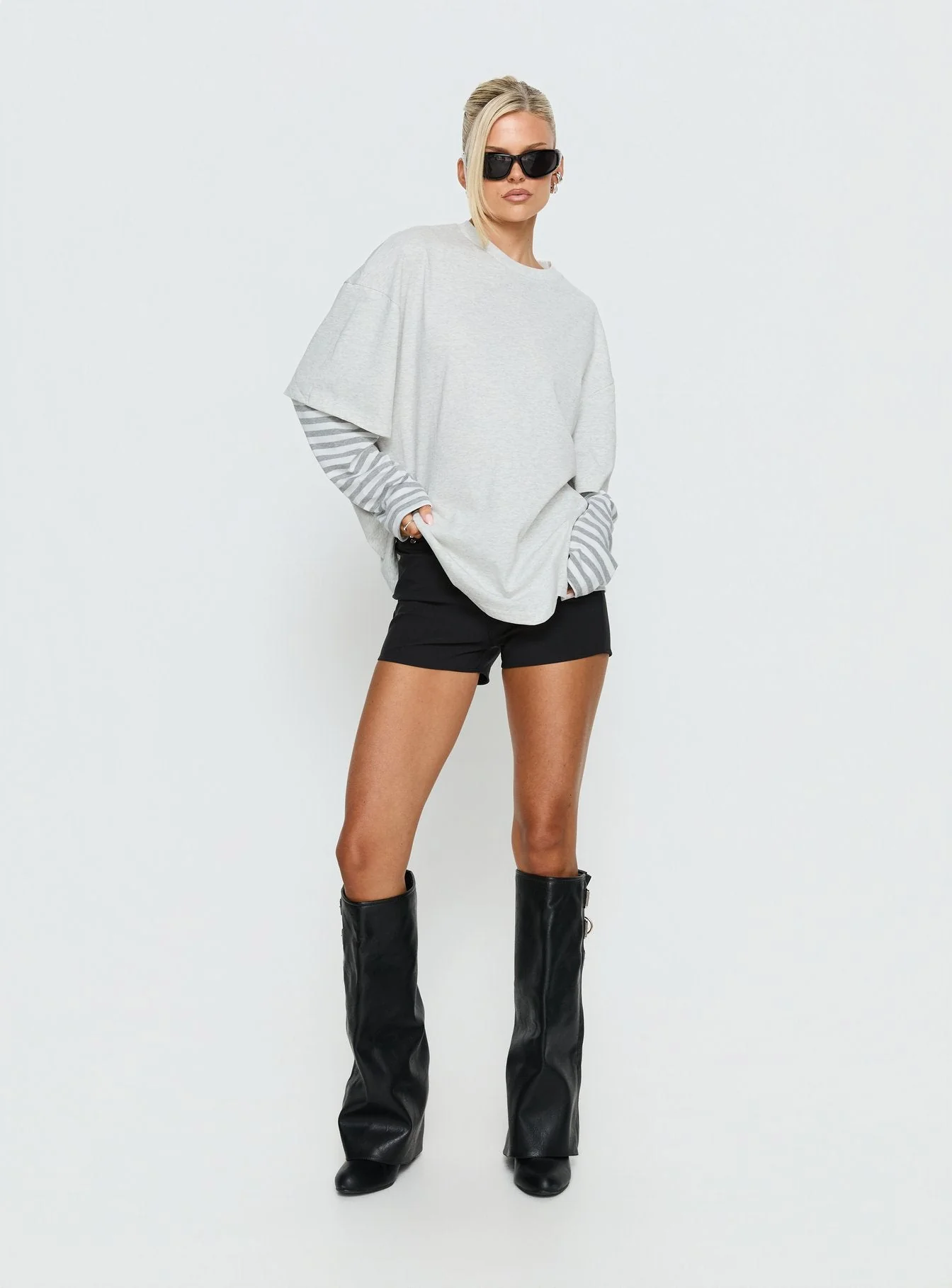 Ryann Long Sleeve Layered Top Grey / White Stripe - Image 3