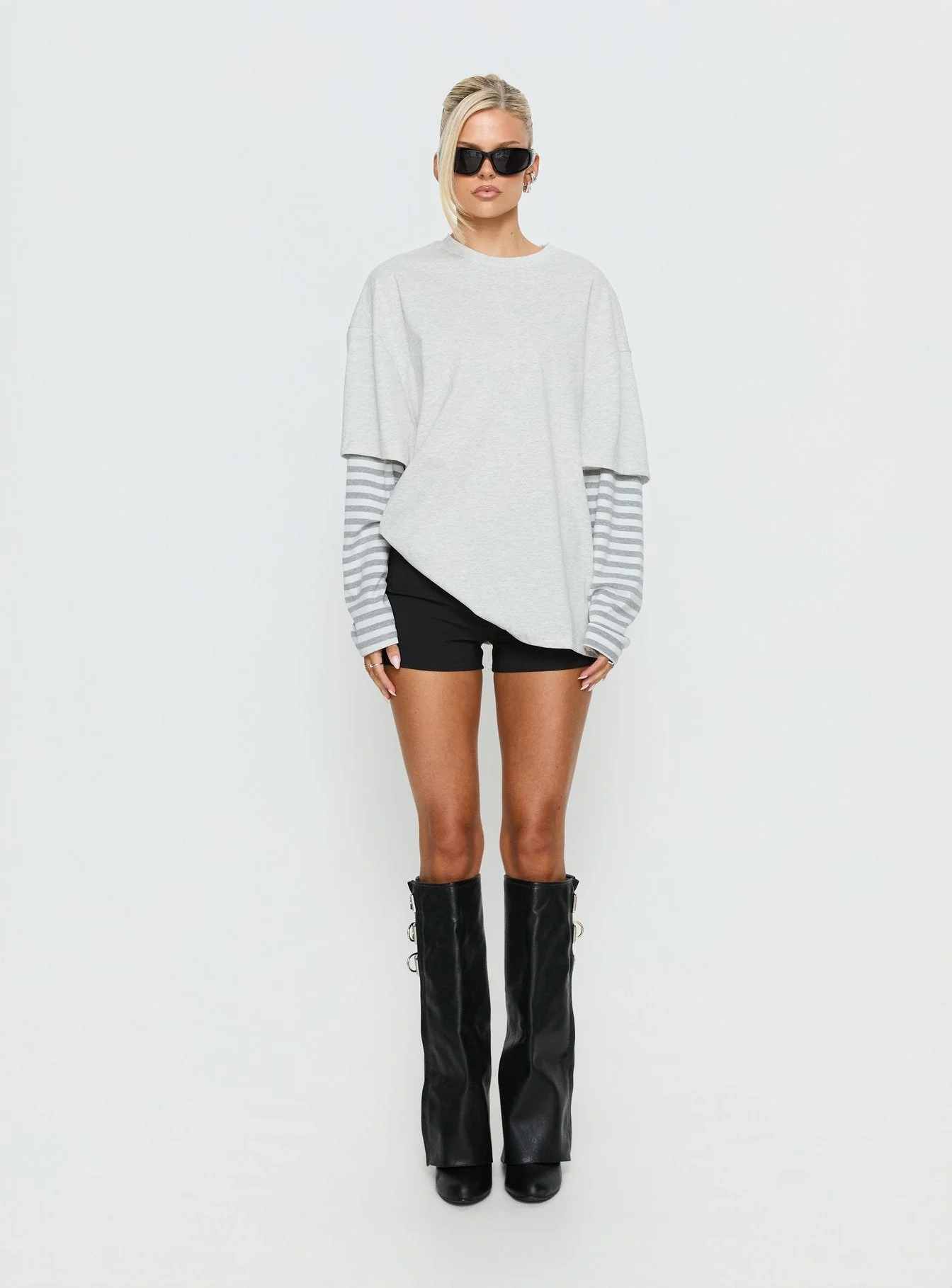 Ryann Long Sleeve Layered Top Grey / White Stripe - Image 9