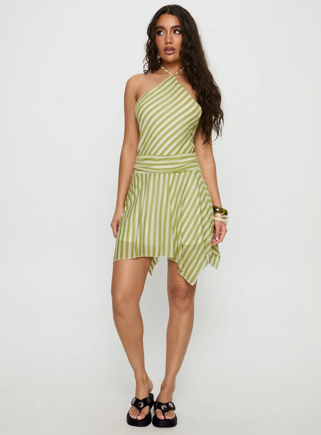 Sadana Arrowhead Asymmetrical Mini Dress Green Stripe - Image 3