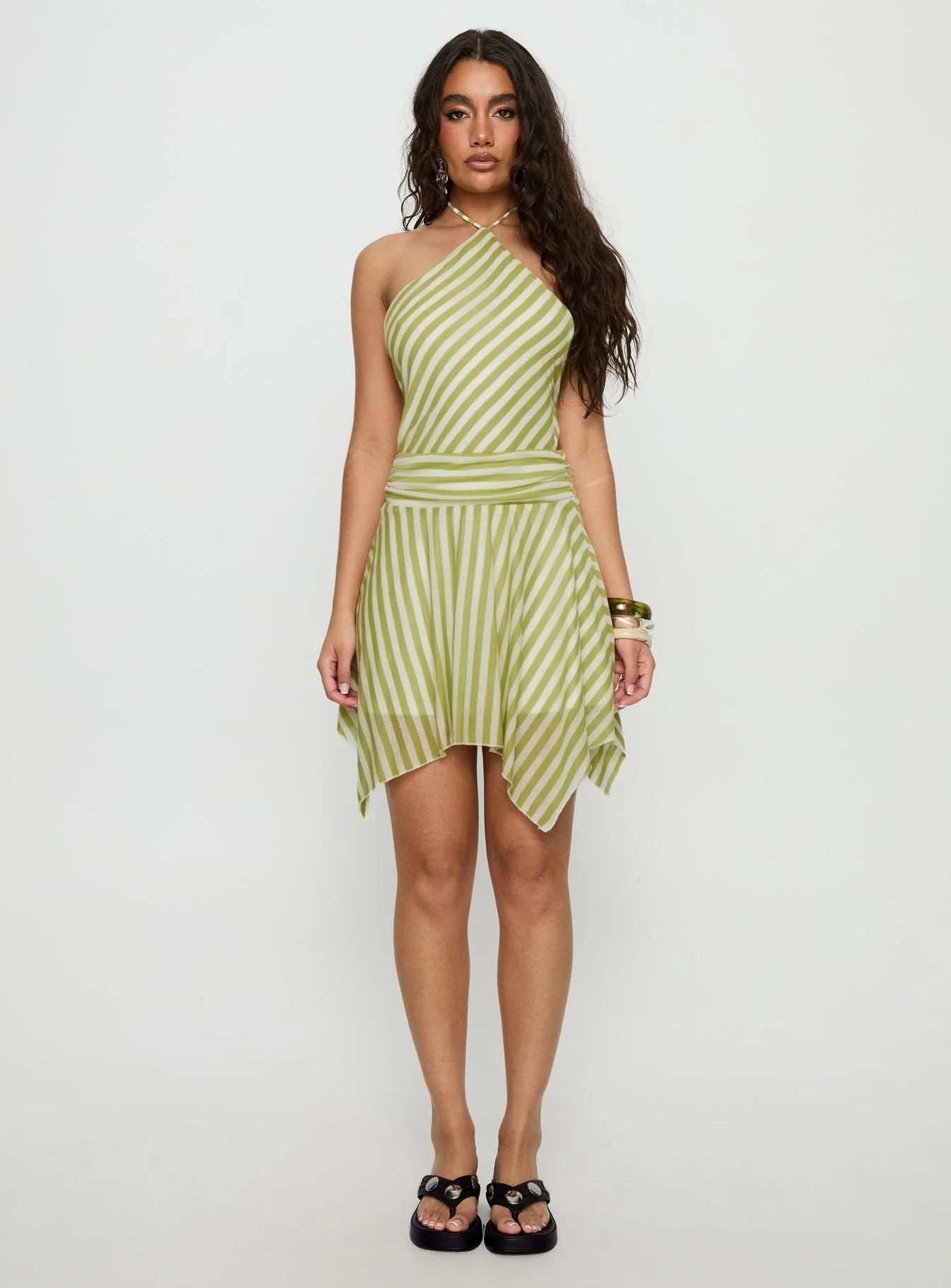 Sadana Arrowhead Asymmetrical Mini Dress Green Stripe - Image 7
