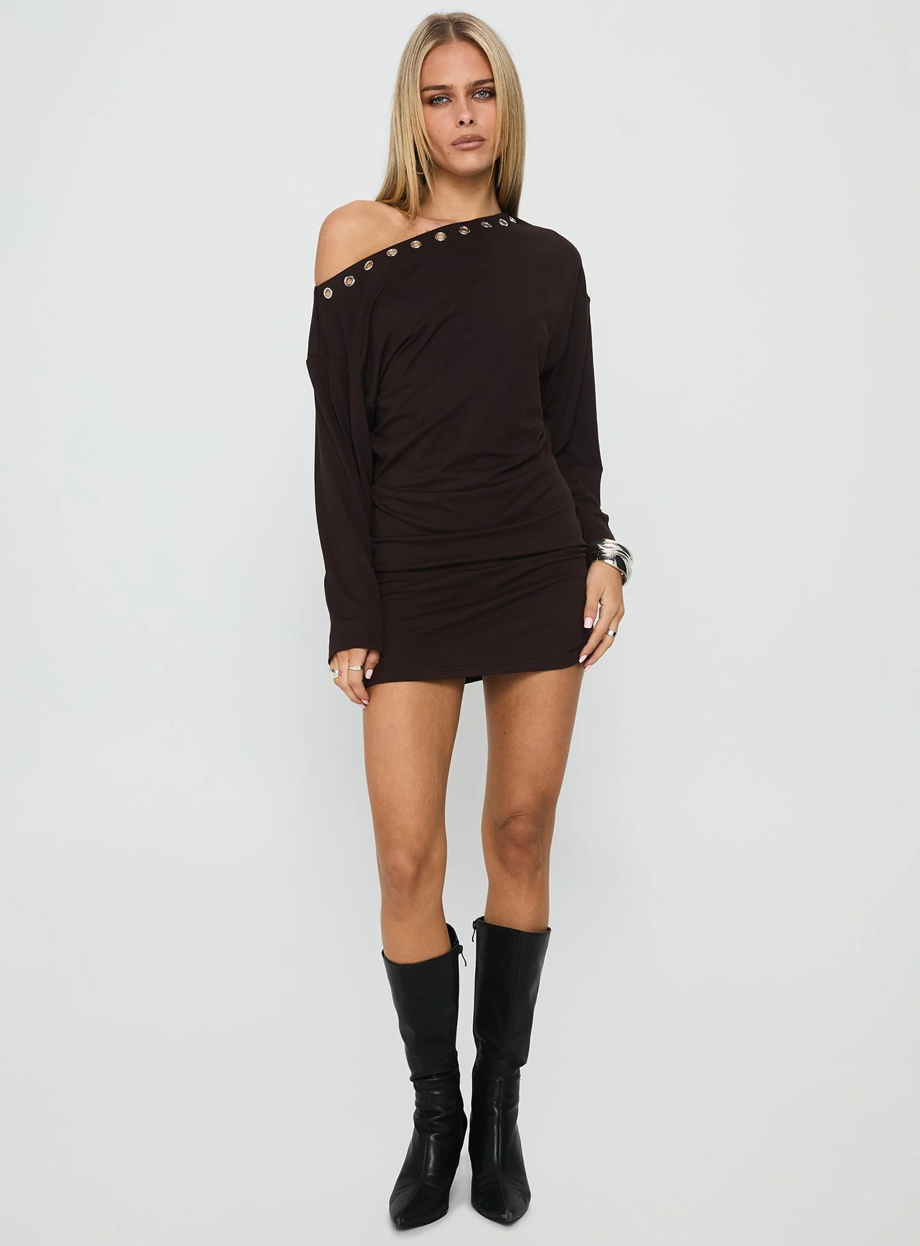 Sakaia Long Sleeve Eyelet Mini Dress Brown - Image 3