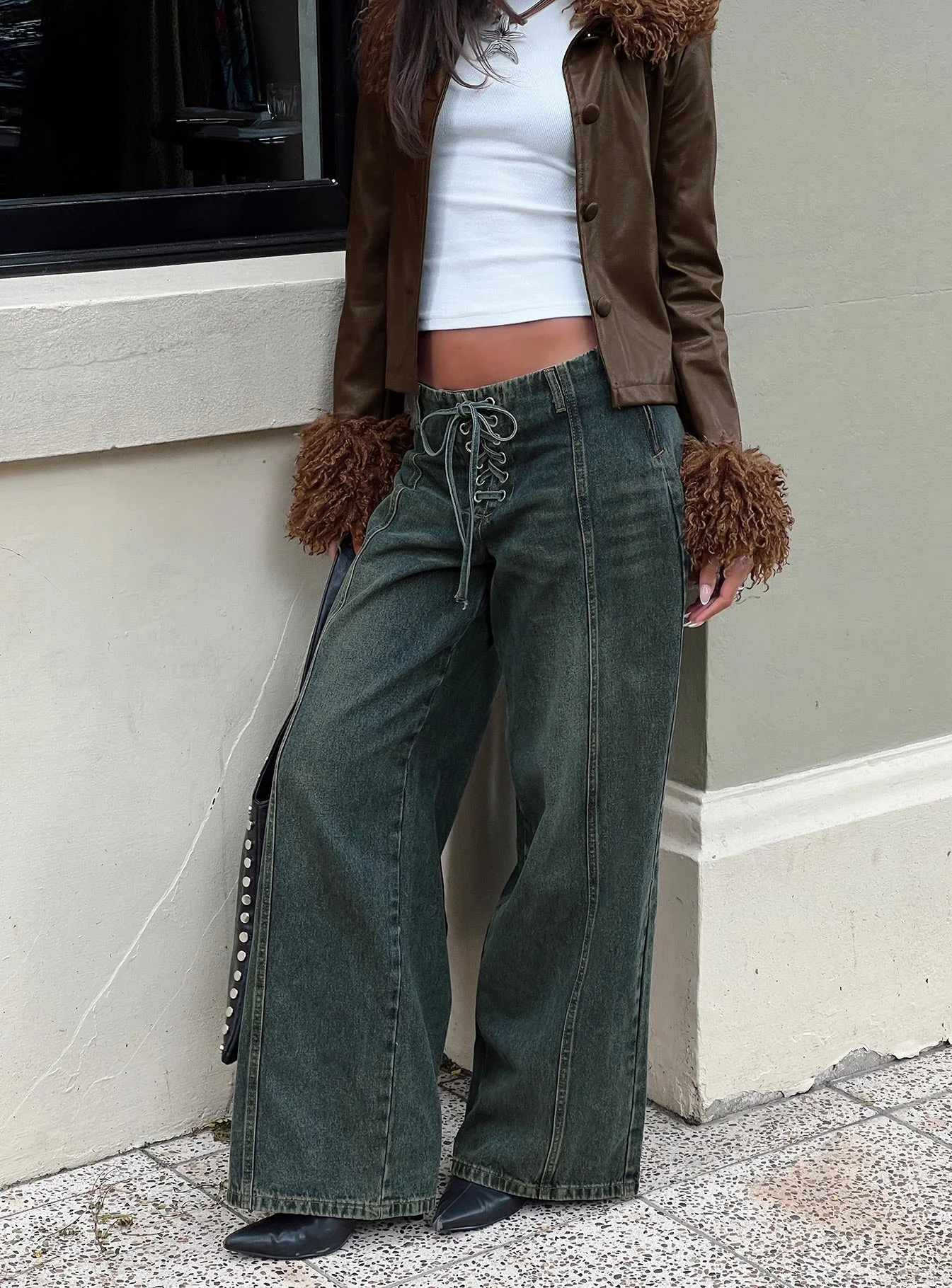San Mateo Low Rise Wide Leg Tie Up Jeans Vintage Wash - Image 5