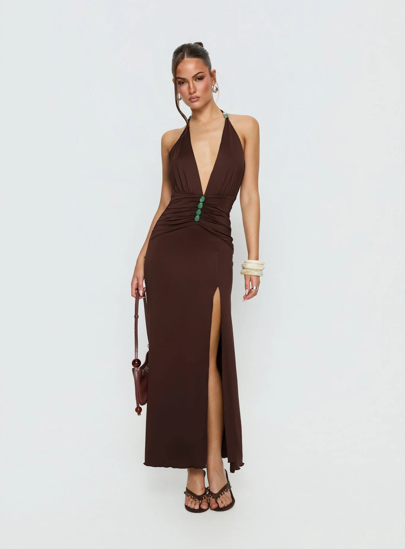 Sasami Halter Plunge Maxi Dress Chocolate - Image 2