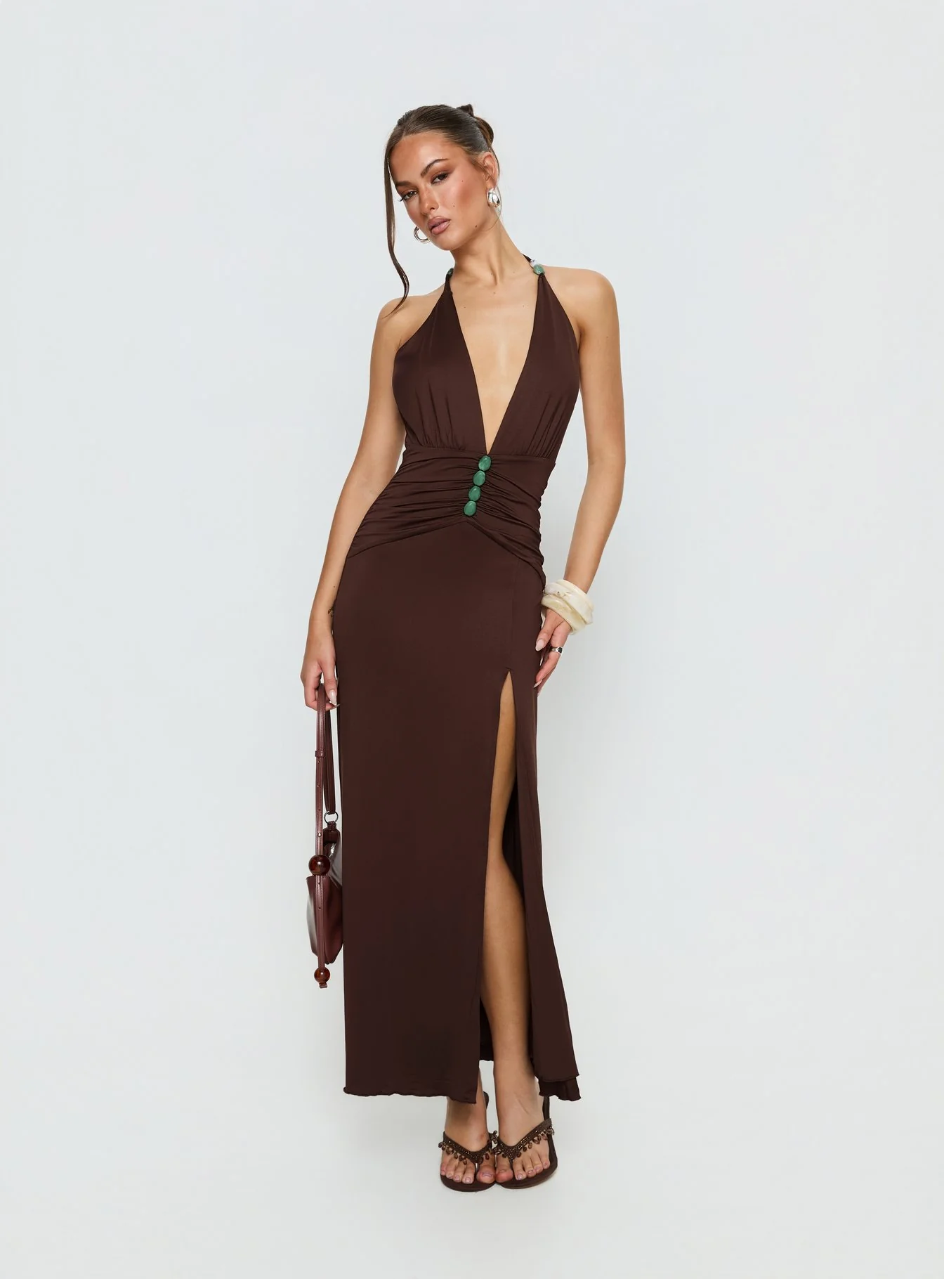 Sasami Halter Plunge Maxi Dress Chocolate - Image 3