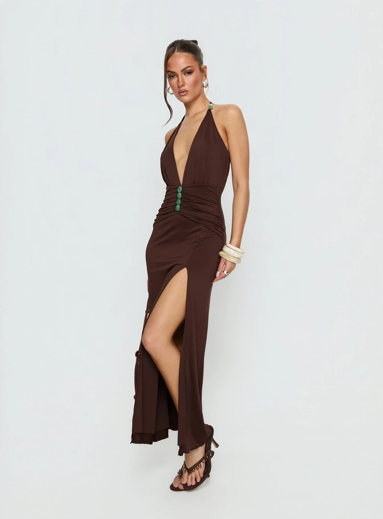 Sasami Halter Plunge Maxi Dress Chocolate - Image 4