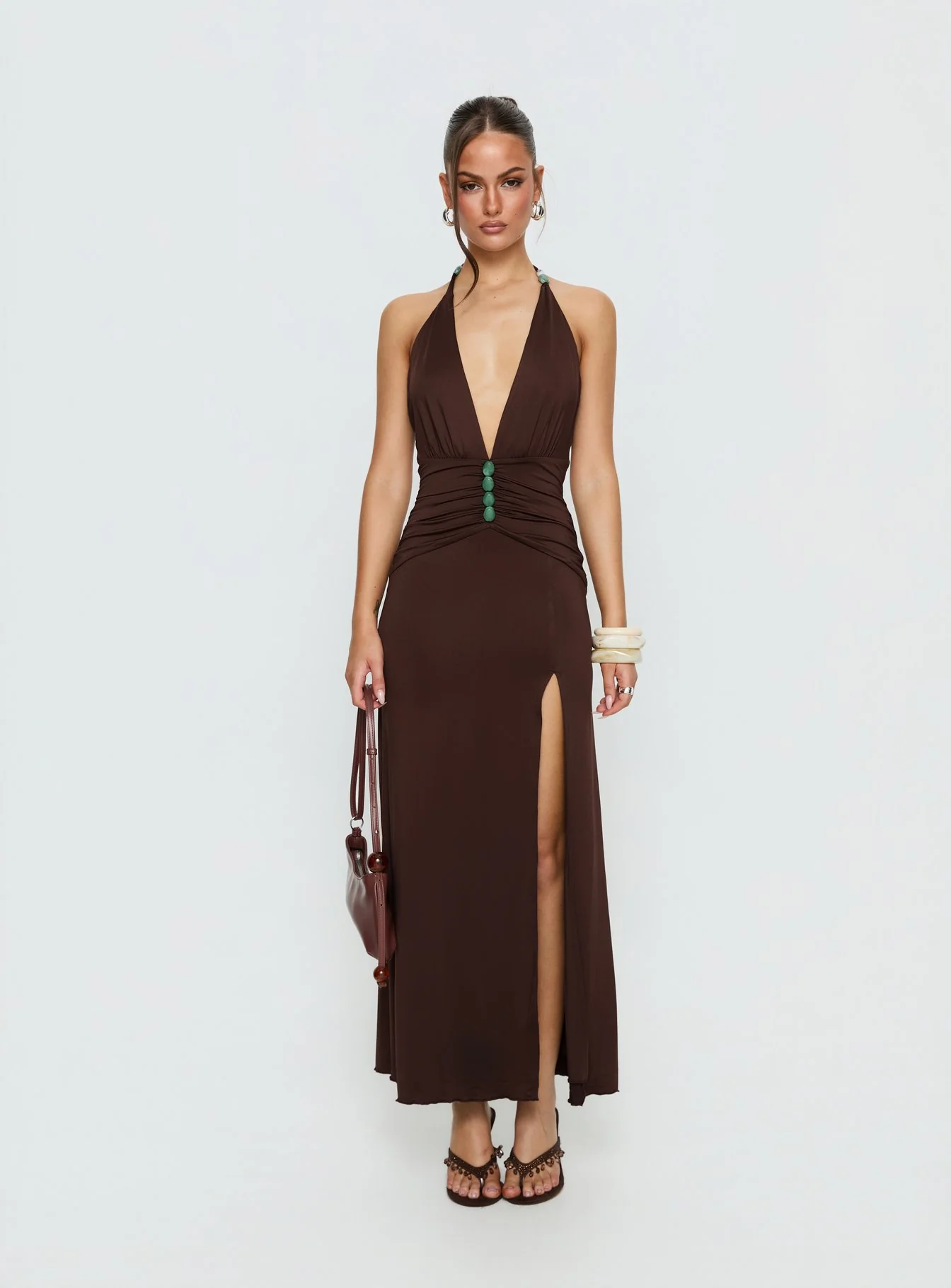 Sasami Halter Plunge Maxi Dress Chocolate - Image 7